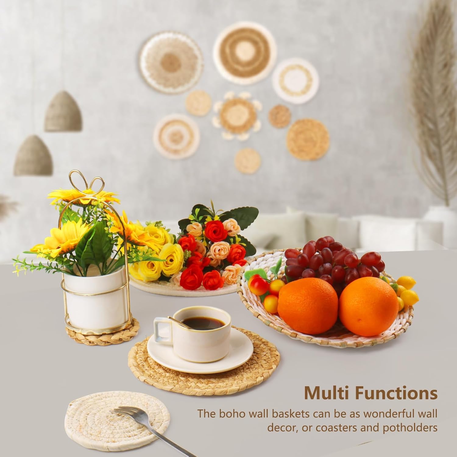 Lot de 9 paniers muraux tissés bohèmes en jonc de mer et rotin - Décoration murale ronde écologique pour ferme, chambre à coucher, salon, cuisine, table