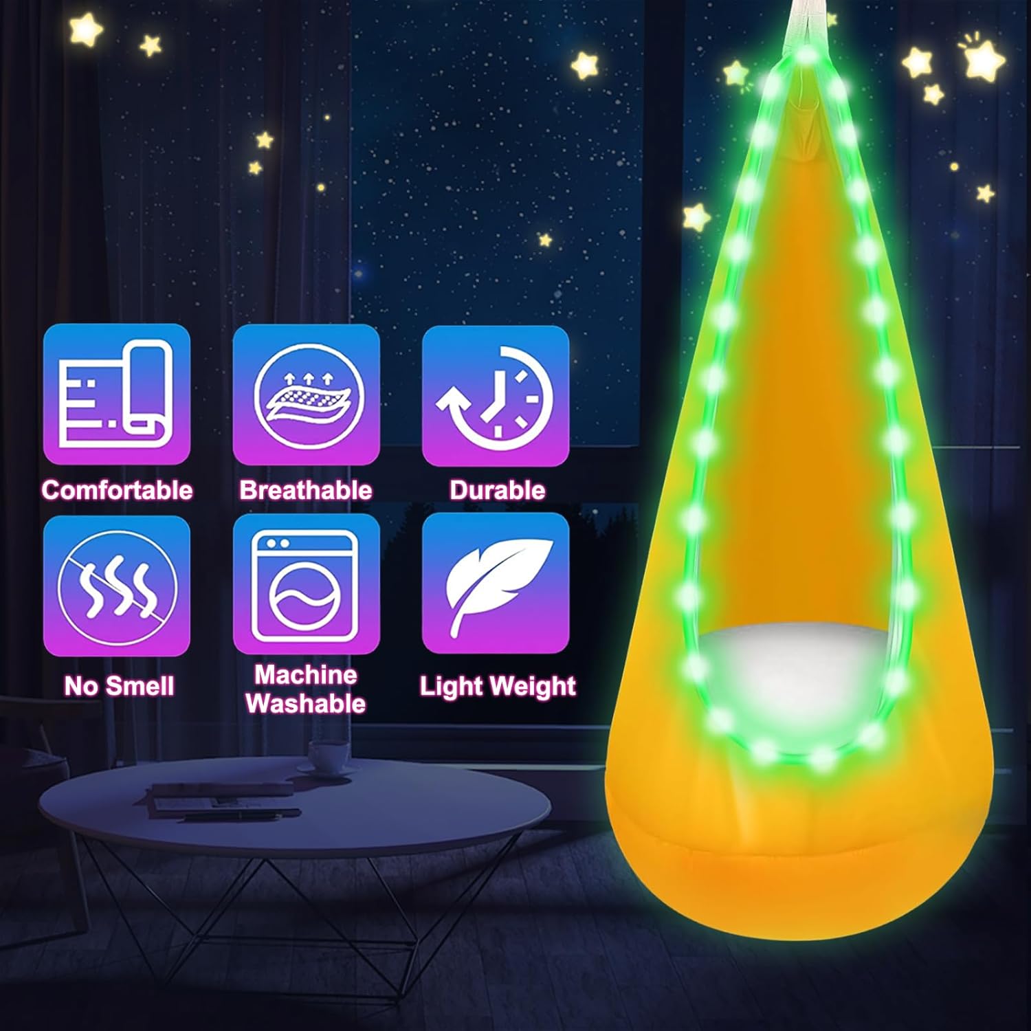Light Up Kids Pod Swing Seat, Upgraded Kids Hanging Hammock with LED Lights, Swing Chair for Indoor & Outdoor (Orange)