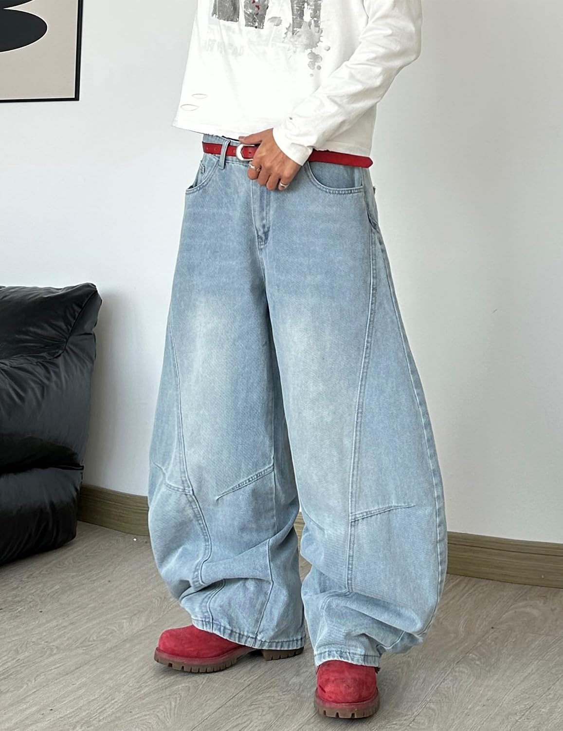 Mens Baggy Jeans Mid Waist Y2k Hip Hop Denim Pants Irregular Sutures Casual Wide Leg Long Trousers