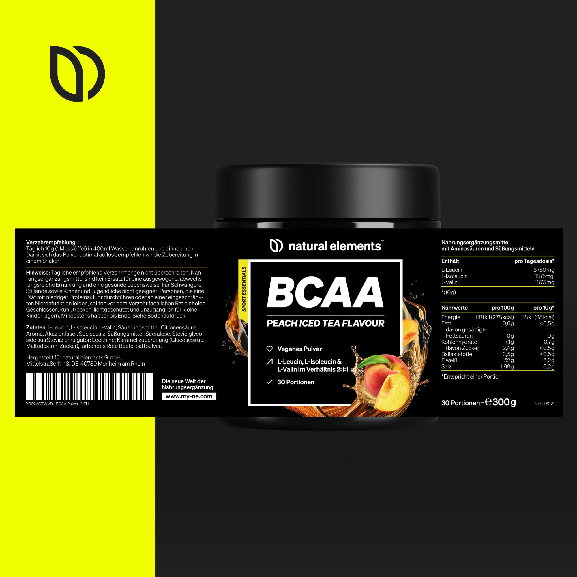BCAA Pulver – Geschmack: Pfirsich Eistee – 30 Portionen (300g) – Leucin, Isoleucin & Valin im 2:1:1 Verhältnis – kalorienarm, fett- & zuckerfrei* – ohne Acesulfam K – in Deutschland entwickelt