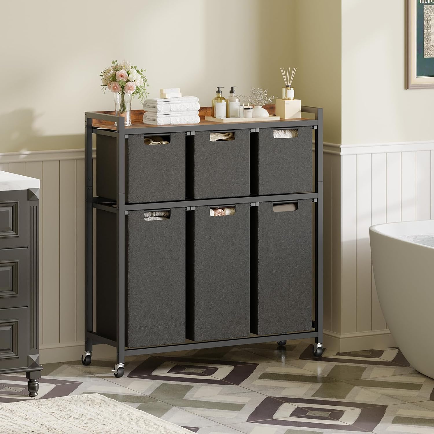 HOOBRO Laundry Sorter with 6 Section, 48.3 Gal. (183 L) Tall Laundry Hamper with Wheels, Rolling Laundry Basket with Shelf, 6 Removable Liners, Top Storage Shelf, Rustic Brown and Black BF16XY01