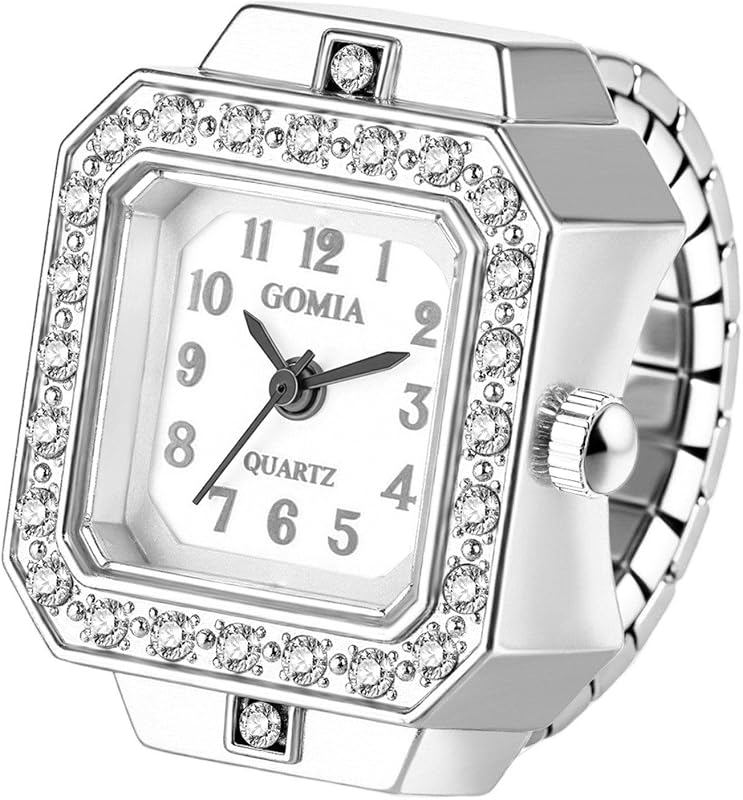 JewelryWe Womens Square Ring Watch: Adjustable Stainless Steel Stretch Band Sparkling Diamond Case 3 Sub-dials Quartz Analog Finger Watches for Daily and Office