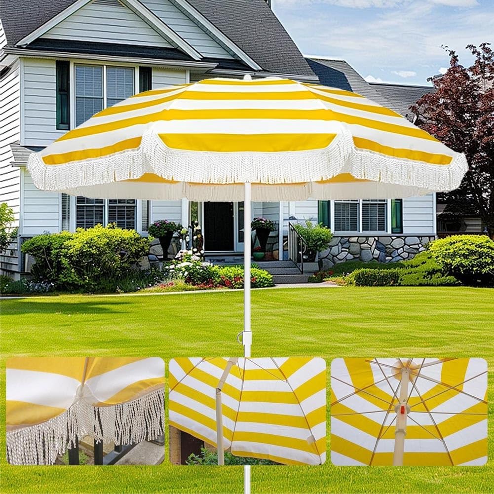 160 cm Parasol Ogrodowy, Parasol Plażowy Pochylany, Parasol na Plażę z Frędzlami, Składany Parasol Tarasowy, Żółty Pasek