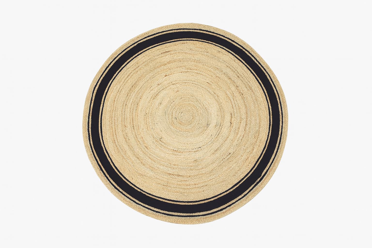 Tapis tressé à la Main en Jute Naturelle avec Lignes Noires - Rond - 150 x 150 cm