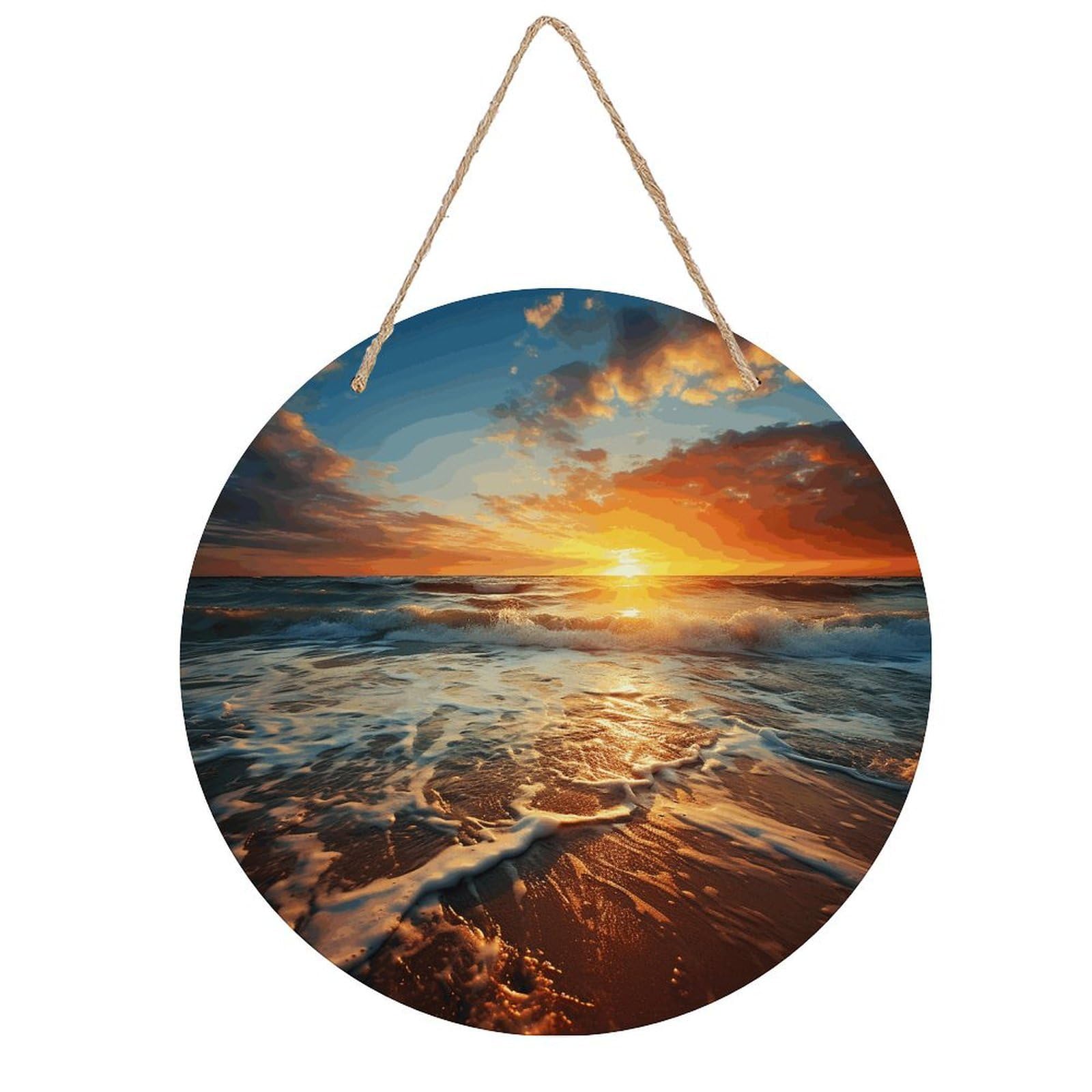 LZQPOEAS Ocean Sunrise Round Wood Wall Art Painting, 7.9 Inch Circular Wooden Door Hanger Decorative Paintings, Rope-Hanging Wooden Wall Plaque for Home Decor And Office Party