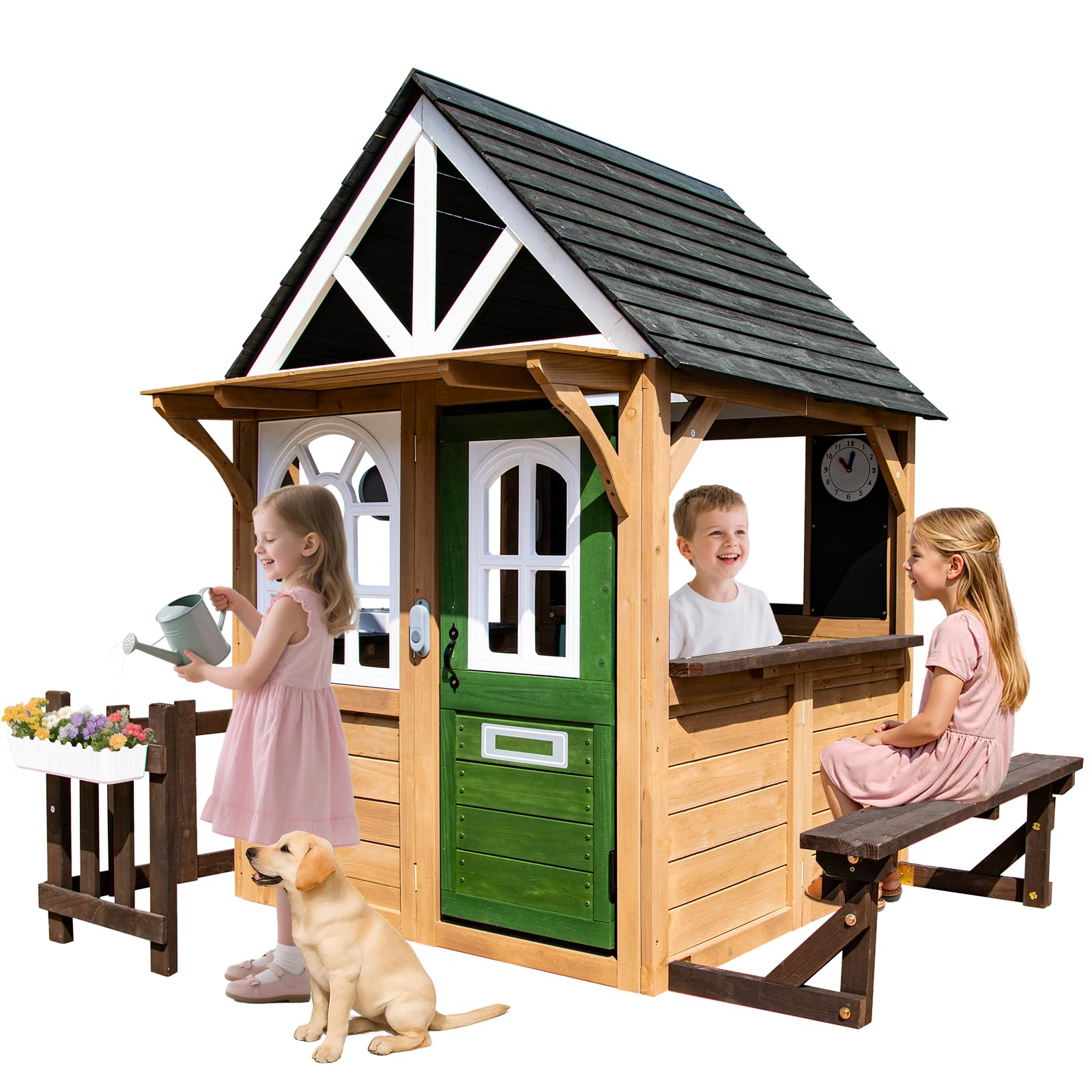 YOFE Kids Playhouse Outdoor, Wooden Play House Playset with Kitchen, Fence, Bench, Dog Door, Doorbell & Flower Pot,Fun Backyard Cottage for Ages 3-8 (