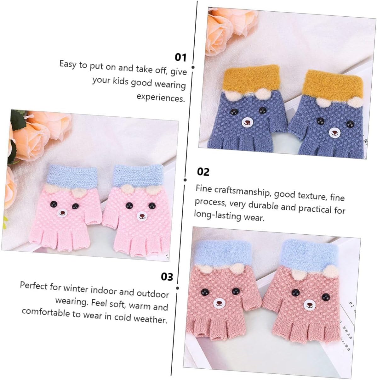 GALPADA 4 Pairs Half Finger Gloves Knitted Warm Fingerless Gloves for Winter Cartoon Embroidered for Boys and Cold Weather Random Color