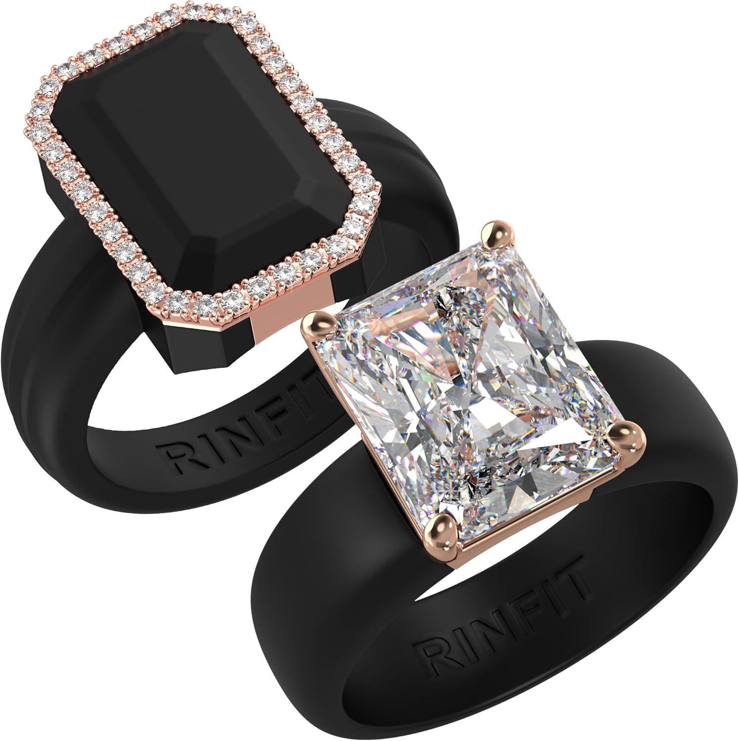 Rinfit Silicone Rings for Her - Rubber Wedding Band with Cubic Zirconia Stone - Emerald Gemstone & Emerald Glowstone Black/RoseGold, Size 5