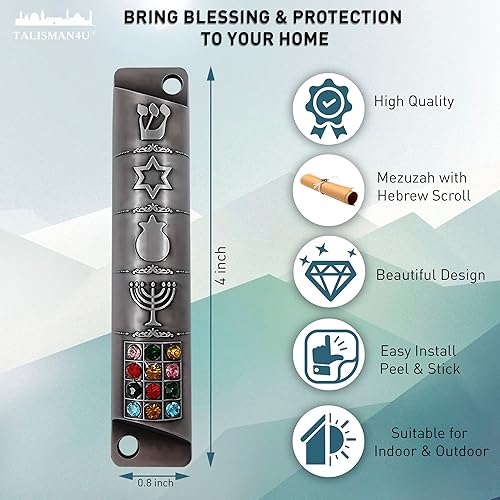 Miniatura 2 de Estuche de mezuzá de peltre con pergamino 3D estrella judía de David Jerusalén Menorah 12 Tribus de Israel hebreo Shin Door Mezuza Judaica Regalo
