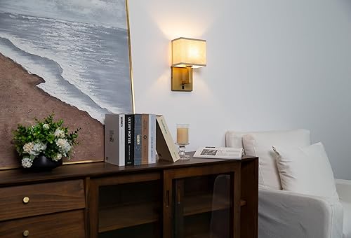 Miniatura 5 de Yosoan Juego de 2 apliques de pared de tela bohemia de lino con interruptor de encendido y apagado, tocador de latón, retro, cableado para