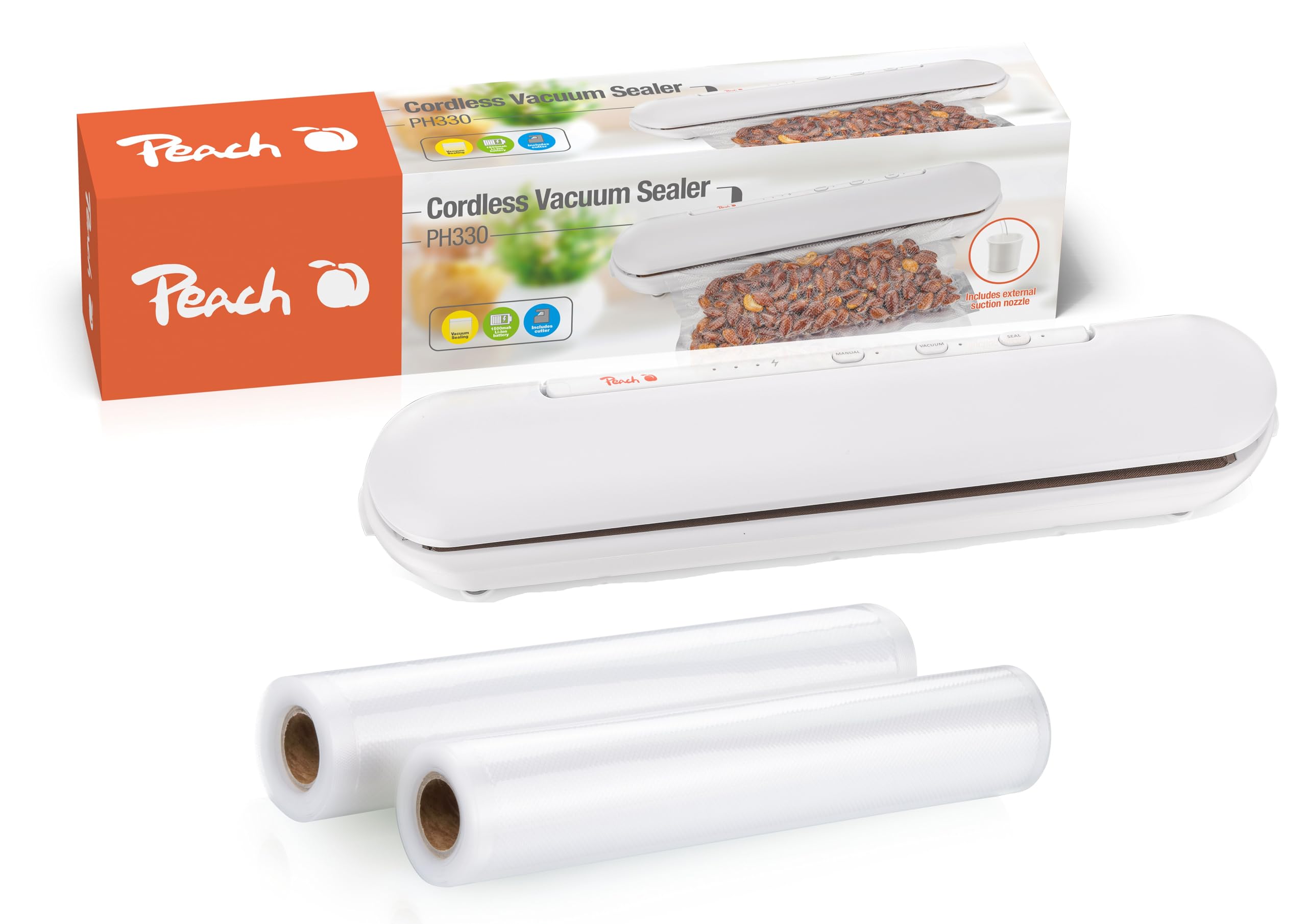 Peach Sellador al vacío To-Go!| Inalámbrico | Mantiene los alimentos frescos | no más alimentos | Incluye 2 rollos de película de envasado al vacío | PH330P