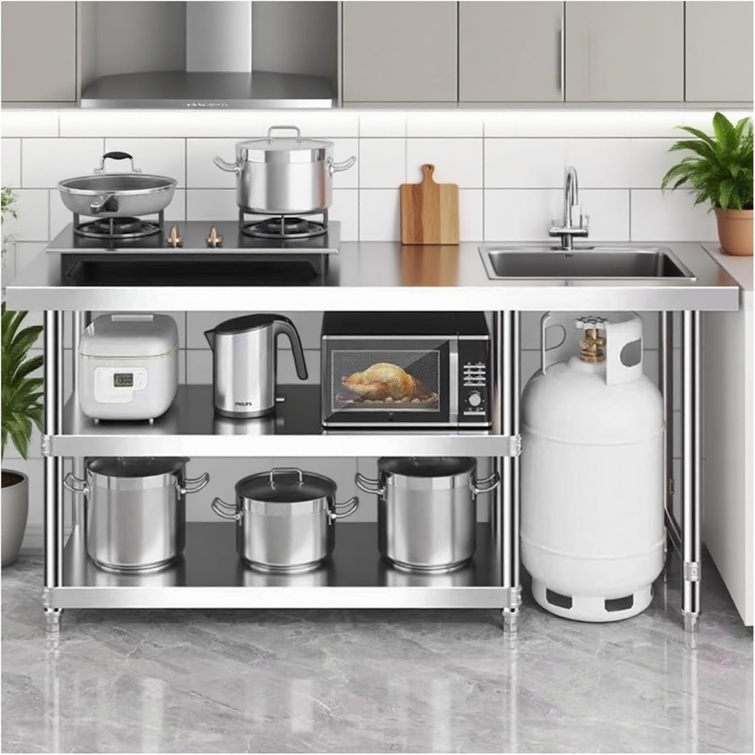 3-Tier Removable 304 Stainless Steel Work Table 80 Centimeters High Thickened Gas Cylinder Stove Rack Kitchen Workbench Multiple
