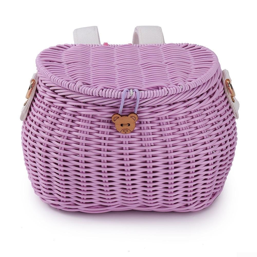 Belnotelt Woven Kids Bike Basket Front, Plastic Children Scooter Basket with Crossbody Strap, Easy Install Storage for Balance Bike Outdoor Cycling Camping - Pink, (Purple)