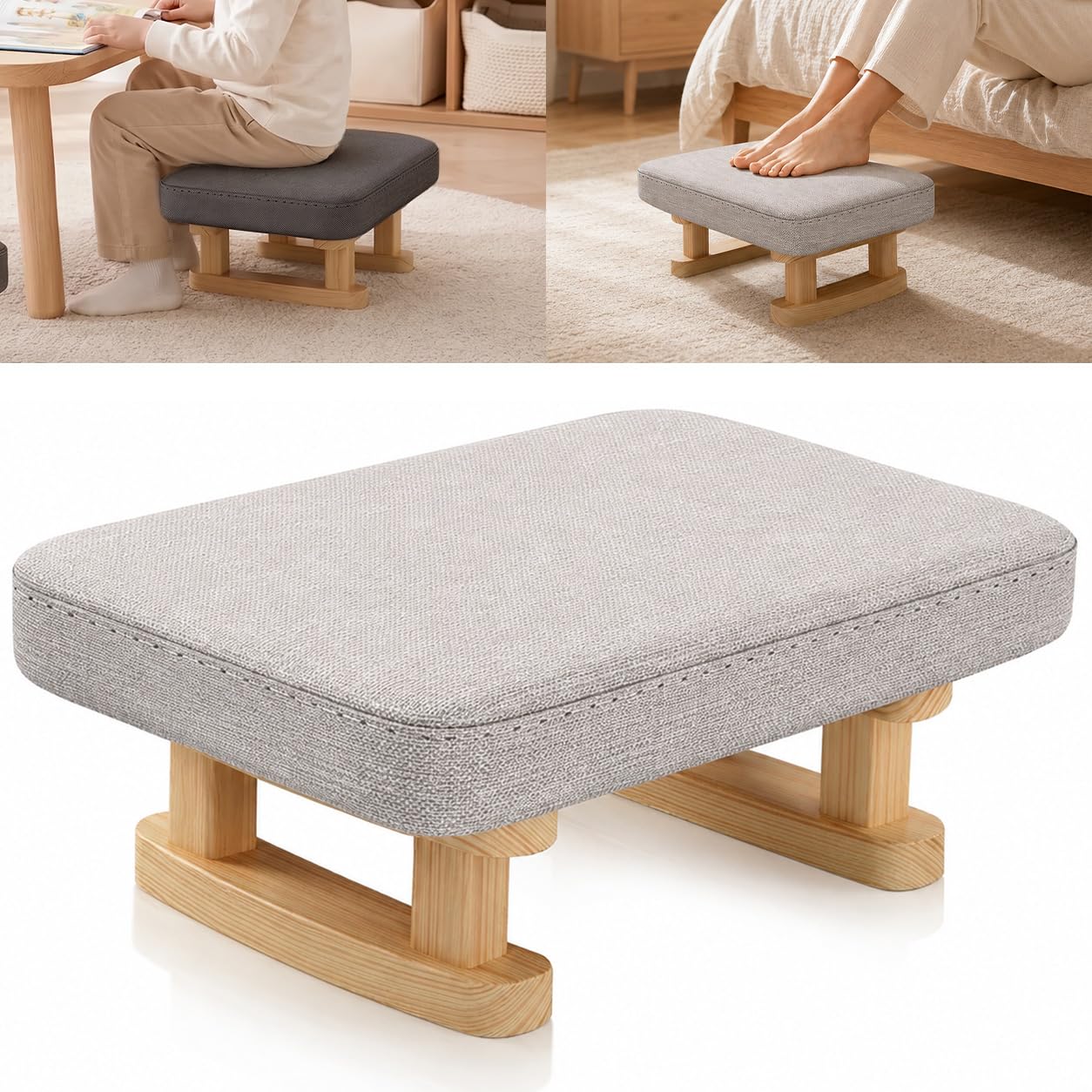 NeXcellere Foot Stool Living Room,Small Footstool with Padded Fabric Cushion & Wooden Legs,Low Footstool Ottoman for Sofa,Bedroom & Desk,Grey Footstool(Light Gray)