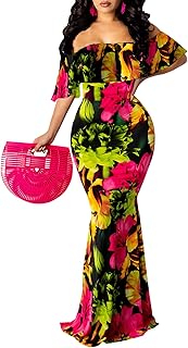 Women's Off Shoulder Maxi Dress Sexy Hawaiian Floral Long Party Dresses - Buy now