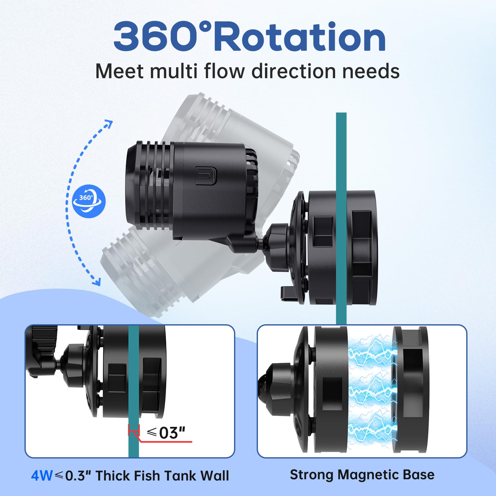 hygger Aquarium Wave Maker Water Circulation Pump with Magnetic Base, Quiet Rotating Powerhead, AC Submersible Wavemaker Pump for Freshwater and Saltwater Fish Tank, 5-150 Gallon (4W 750GPH) - 4
