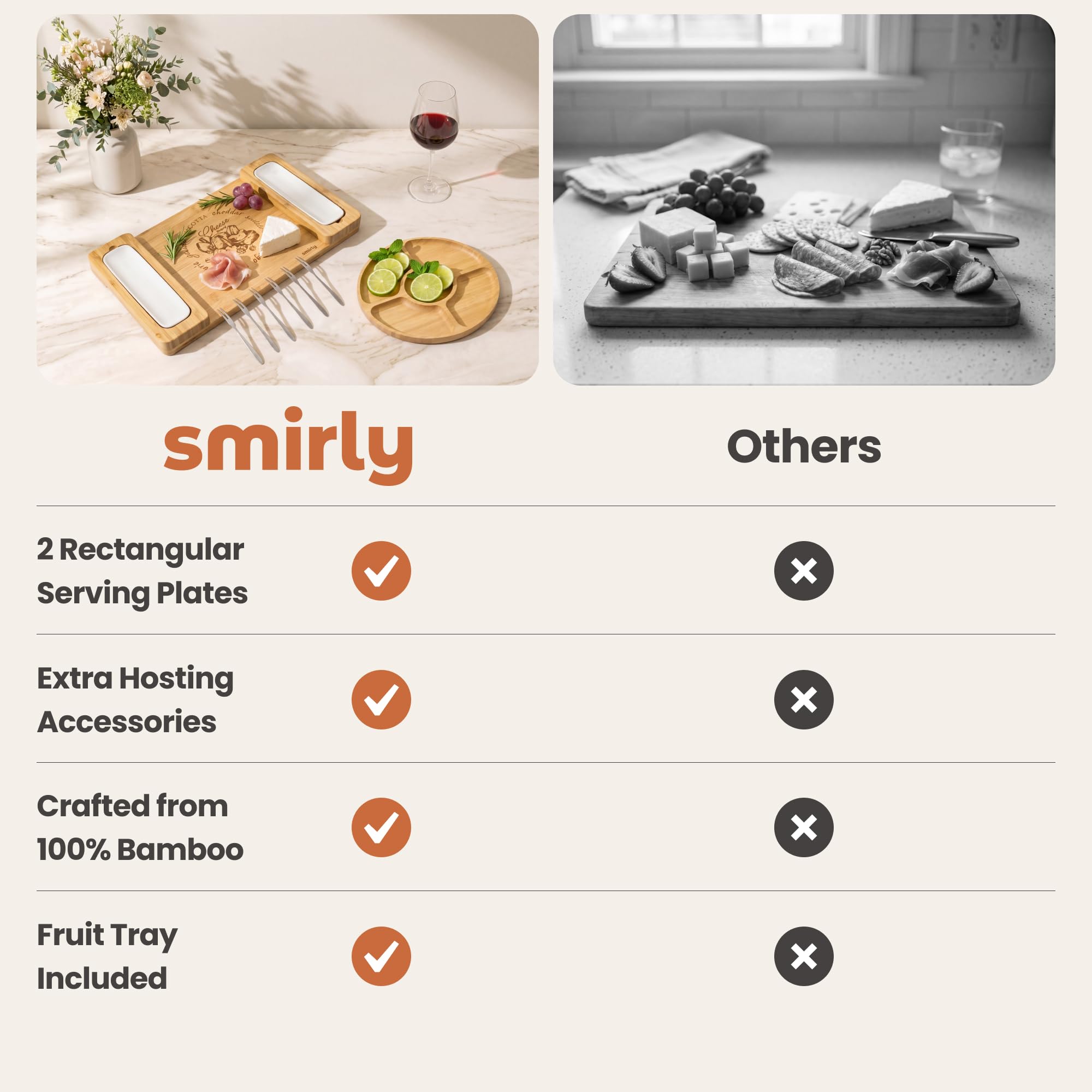 SMIRLY Ensemble de Planches à Fromage en Bambou – Grande Planche à charcuterie – Planches à Fromage en Bois – Cadeau Unique de Pendaison de crémaillère – Plateau à apéritif et à Fromage, Plateau à