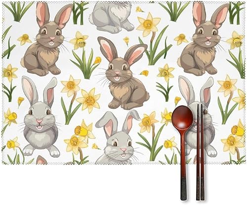 Beautiful Flowers Bunny Placemats Set of 6 Resistant Table Mats Washable Place Mats for Dinner Party Table Decoration