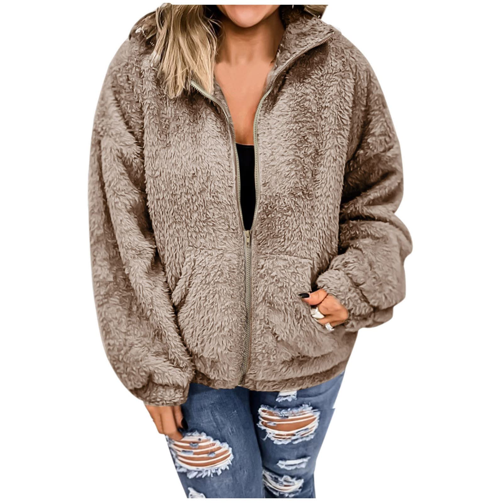 Teddyjacke Damen Winter Sherpa Hoodie - Doppelschieber Reißverschluss Wintermantel