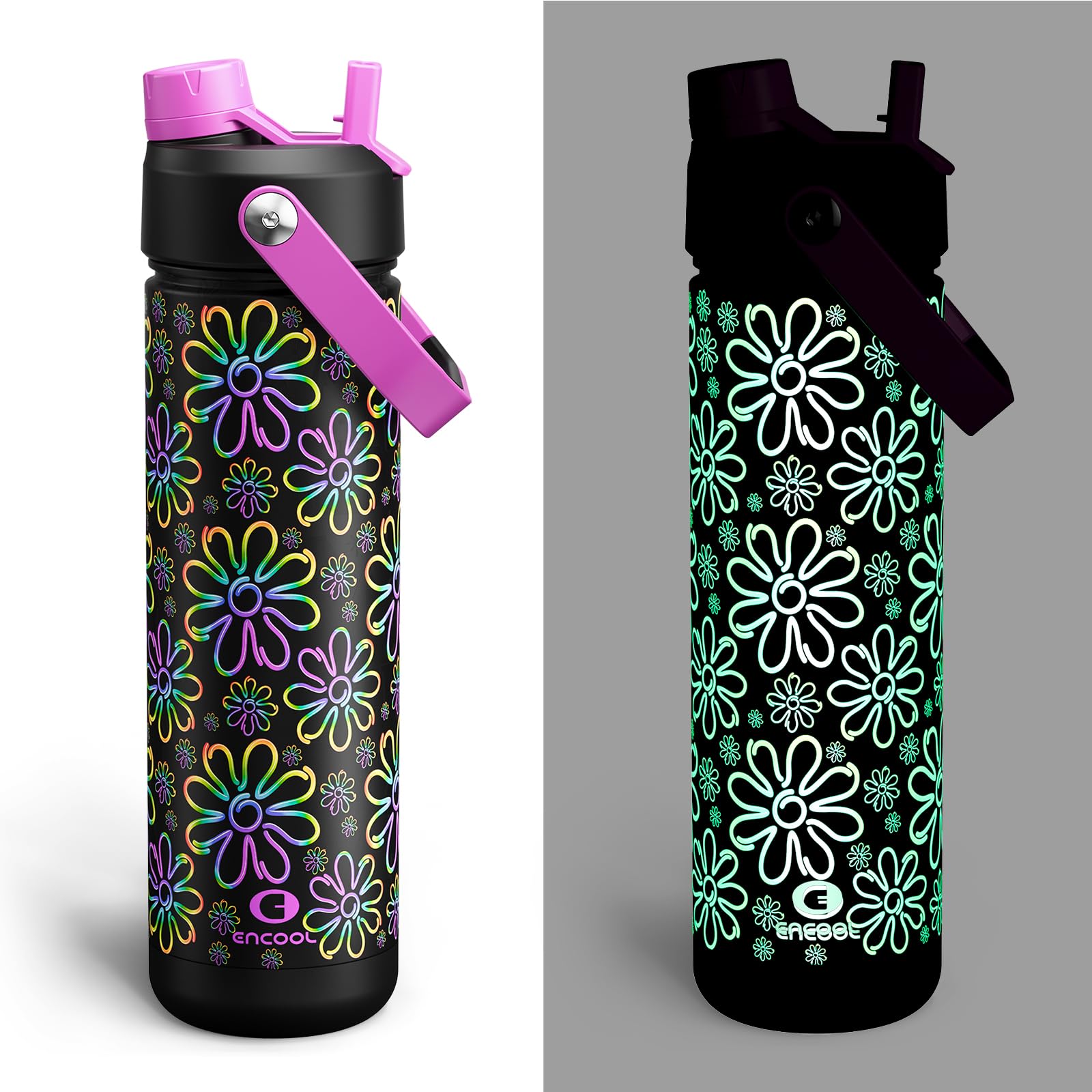 ENCOOL Insulated Water Bottle with Straw Stainless Steel Water Bottle, Glow in the Dark, Leak-Proof, BPA-Free, Keeps Cold for 24 Hours for Sports, Travel, School (26 oz, Flower)