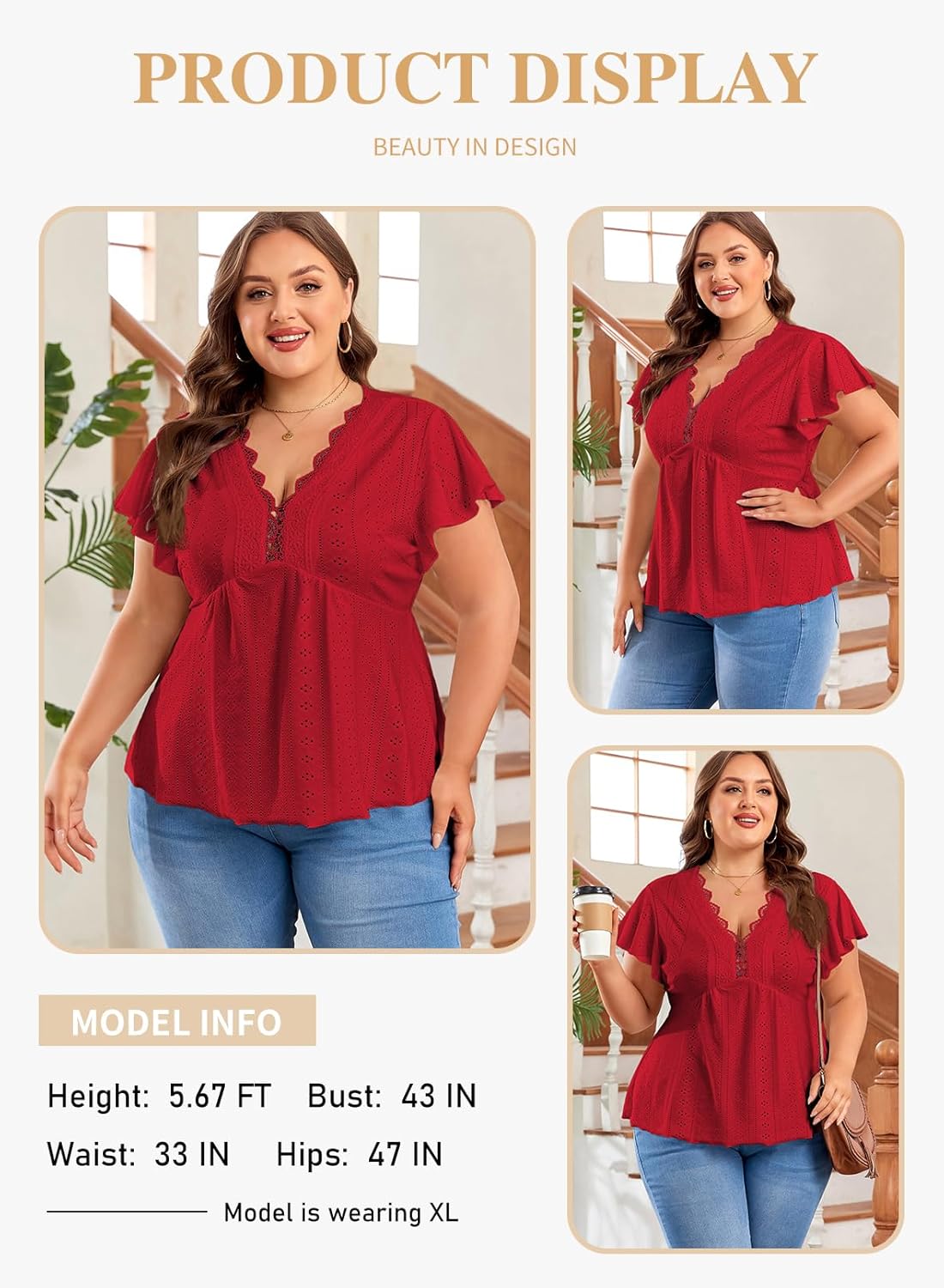 Eytino Womens Plus Size Tops Lace Crochet V Neck Short Sleeve Eyelet Blouse Loose Casual Summer Peplum Shirts(1X-5X) - Image 3