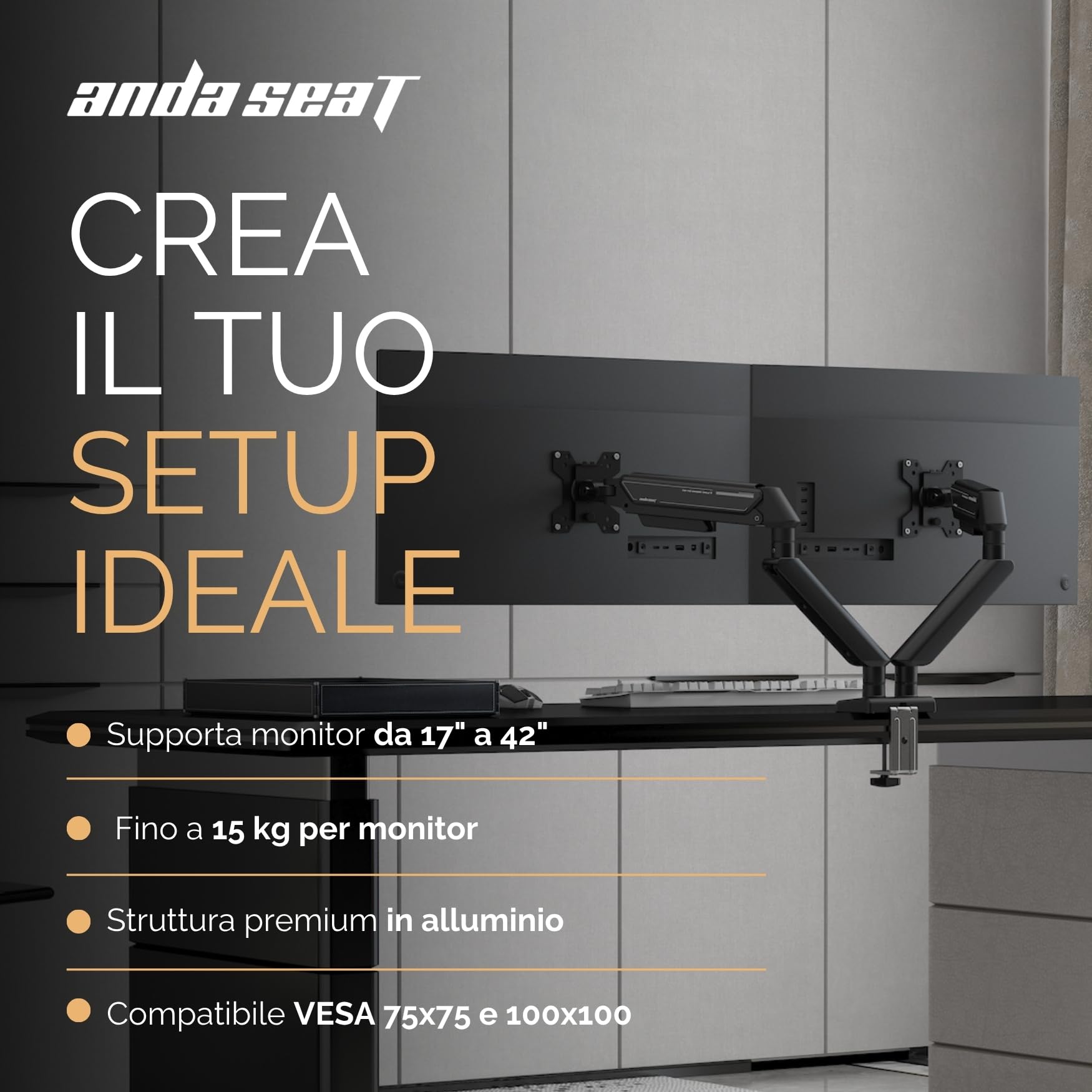 ANDA SEAT Stealth II Duo, Braccio Monitor Doppio da Scrivania con Molla a Gas Regolabile, Supporto Doppio Monitor da 17" a 32" fino a 9 kg per braccio, VESA 75x75 e 100x100