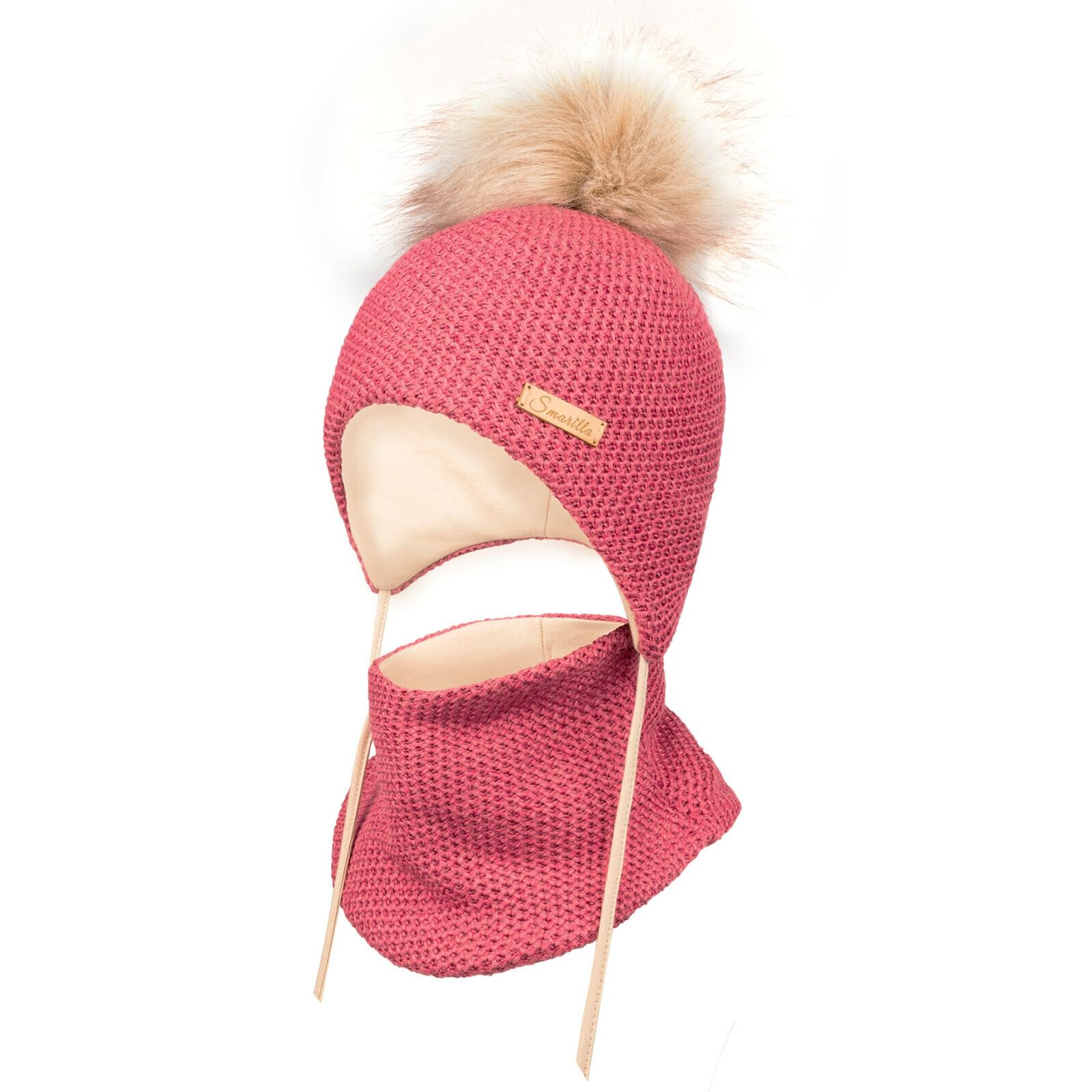 Gorro de invierno para niña con pompón y bufanda tubular – Gorro de punto con forro de algodón con orejeras y cintas para atar – Conjunto de invierno cálido para niños