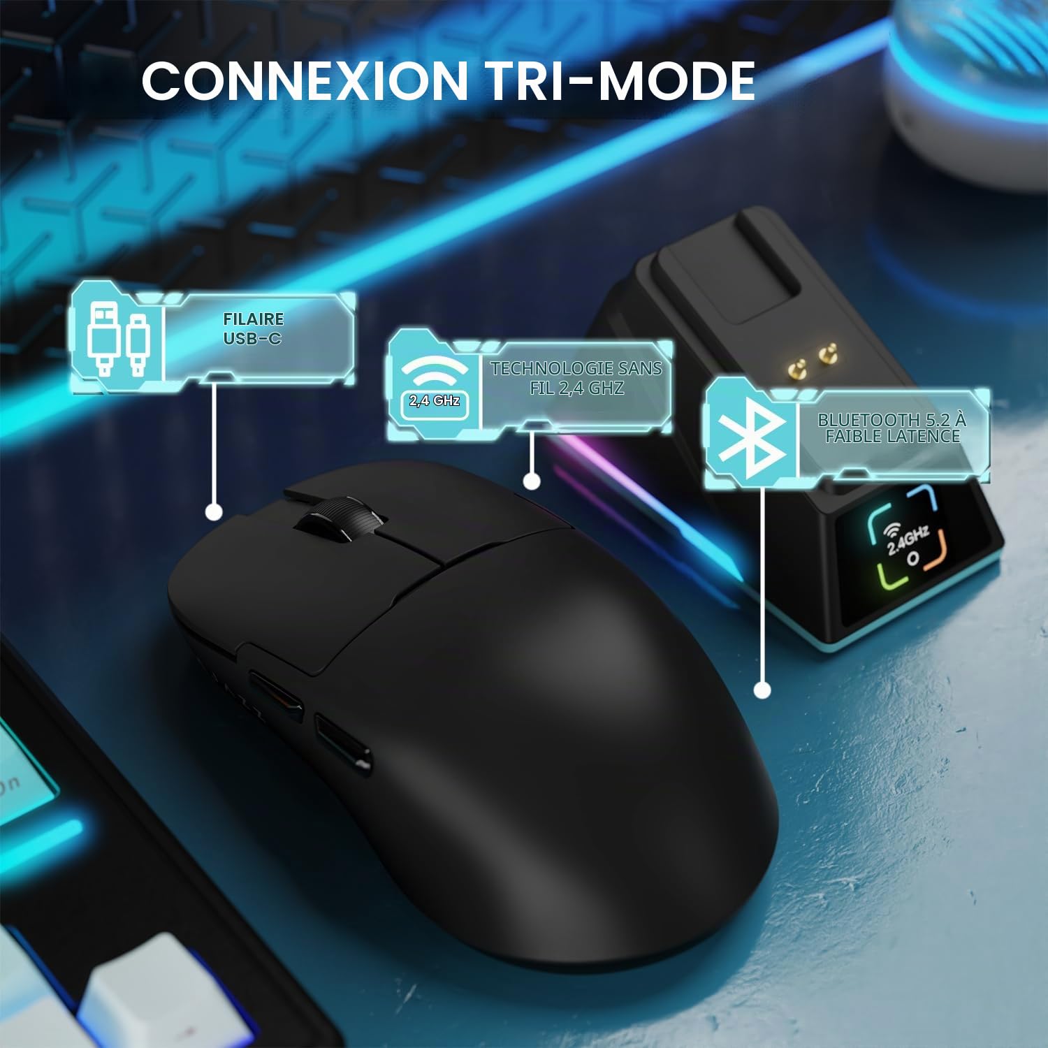 AJAZZ AJ159 APEX 8K Souris de Jeu Sans Fil, Magnetic Charging Dock avec écran, Sensor Pixart PAW3950,Up to 42000DPI, 56g Ultralight, 100Millions Clics HUANO Switch,Souris Tri-mode, pour PC/MAC(Noir)