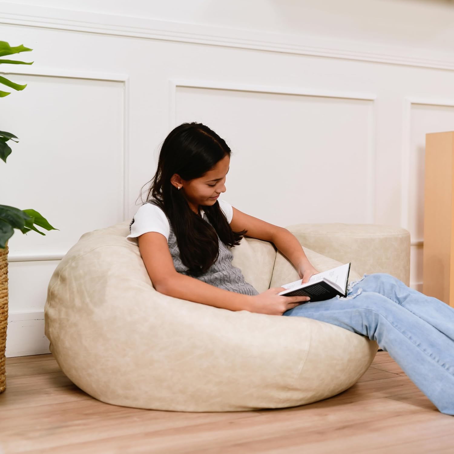 Factory Direct Partners 35" Rustic Western Bean Bag Chair Distressed Faux Leather, Low to Ground for Reading, Playing Video Games and Relaxing Flex Seating for Home and School - Almond, 10478-320