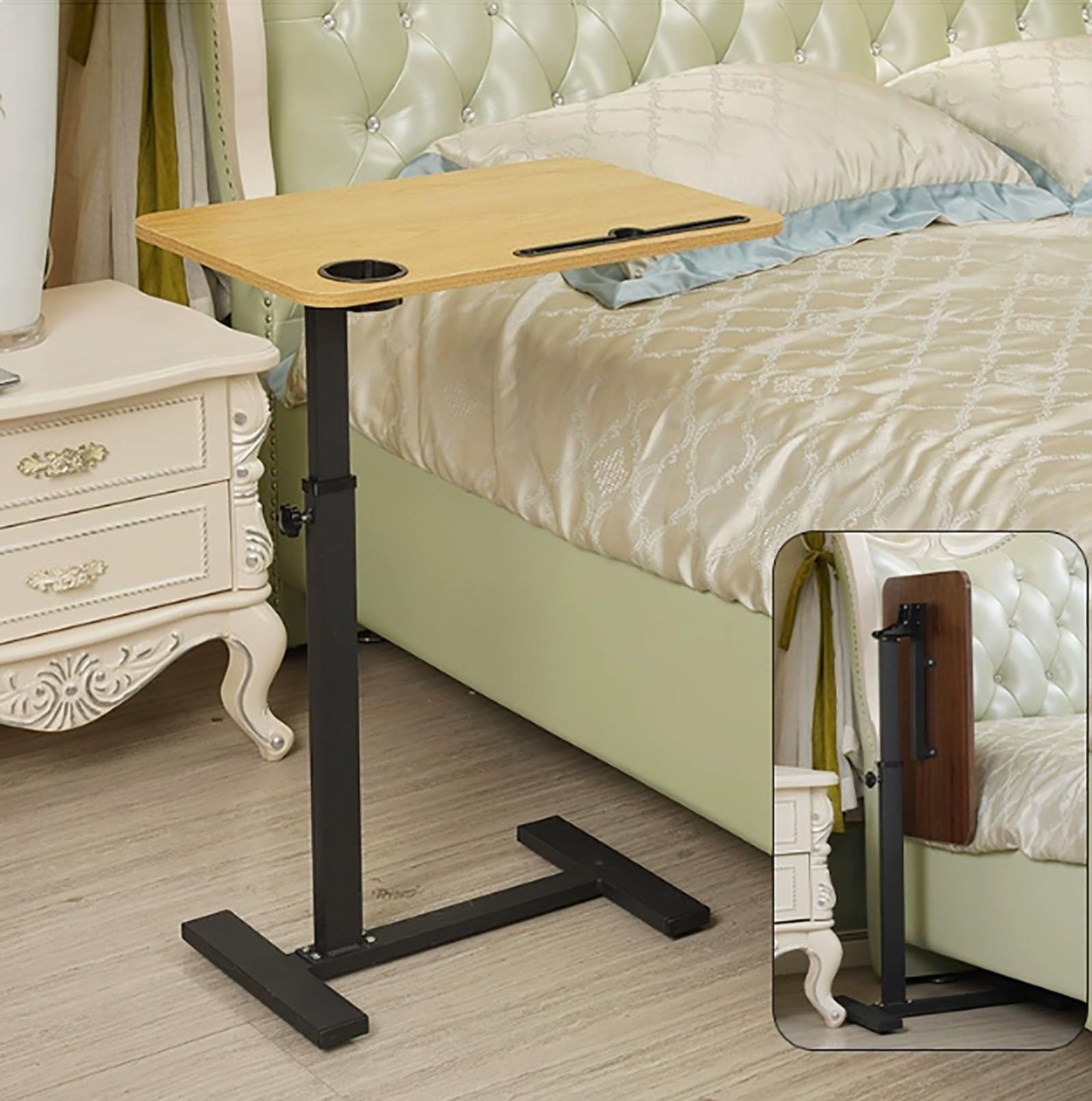 GLETSF Overbed Table, Adjustable Height Laptop Stand Cart, Mobile Bedside Desk for Home, Office, Medical Use,Natural