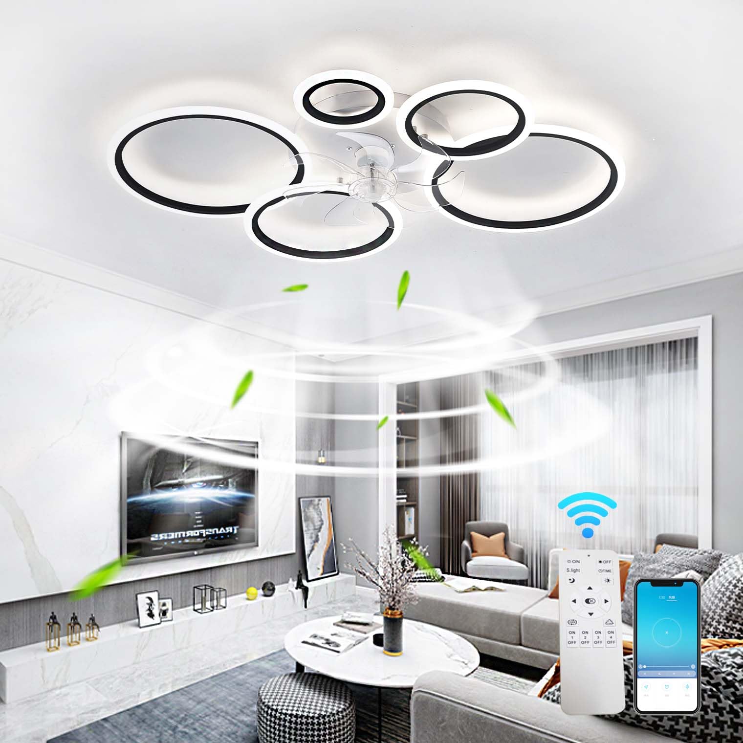 SXDMOUBK 135W Fan Light Ceiling 5 Circles 6 Speed Reversible Ceiling Fan Light LED Dimmable Memory Function Ceiling Fan Lights with Remote Control Silent Timer (Black) 39.4in