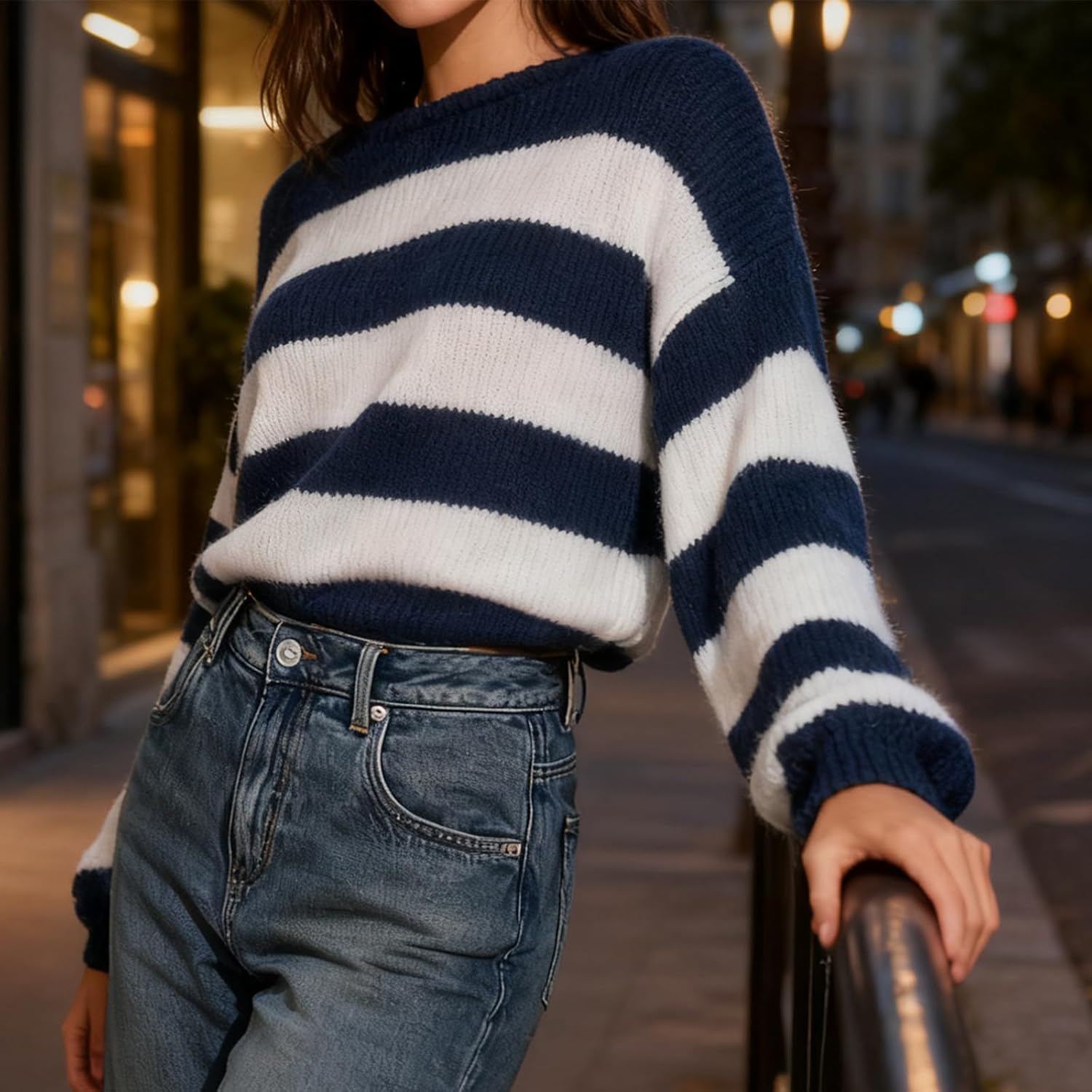 Women Striped Knit Sweaters 2026 Oversized Fall Winter Drop Shoulder Color Block Long Sleeve Loose Fit Pullover Tops - Image 5