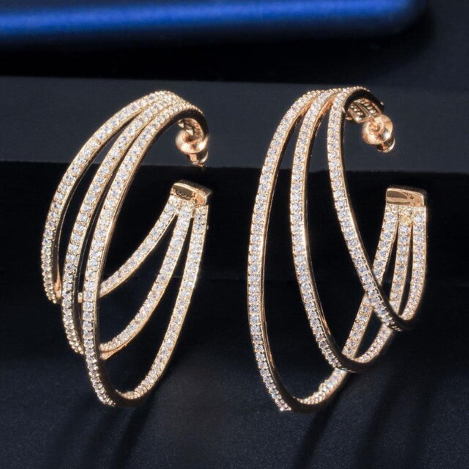 JFGCTYHXY Earrings, Zircons 3 Circle Bling Cubic Zirconia Pave Yellow Gold Color Big Round Geometric Triple Hoop s For Women(Unique Colour)