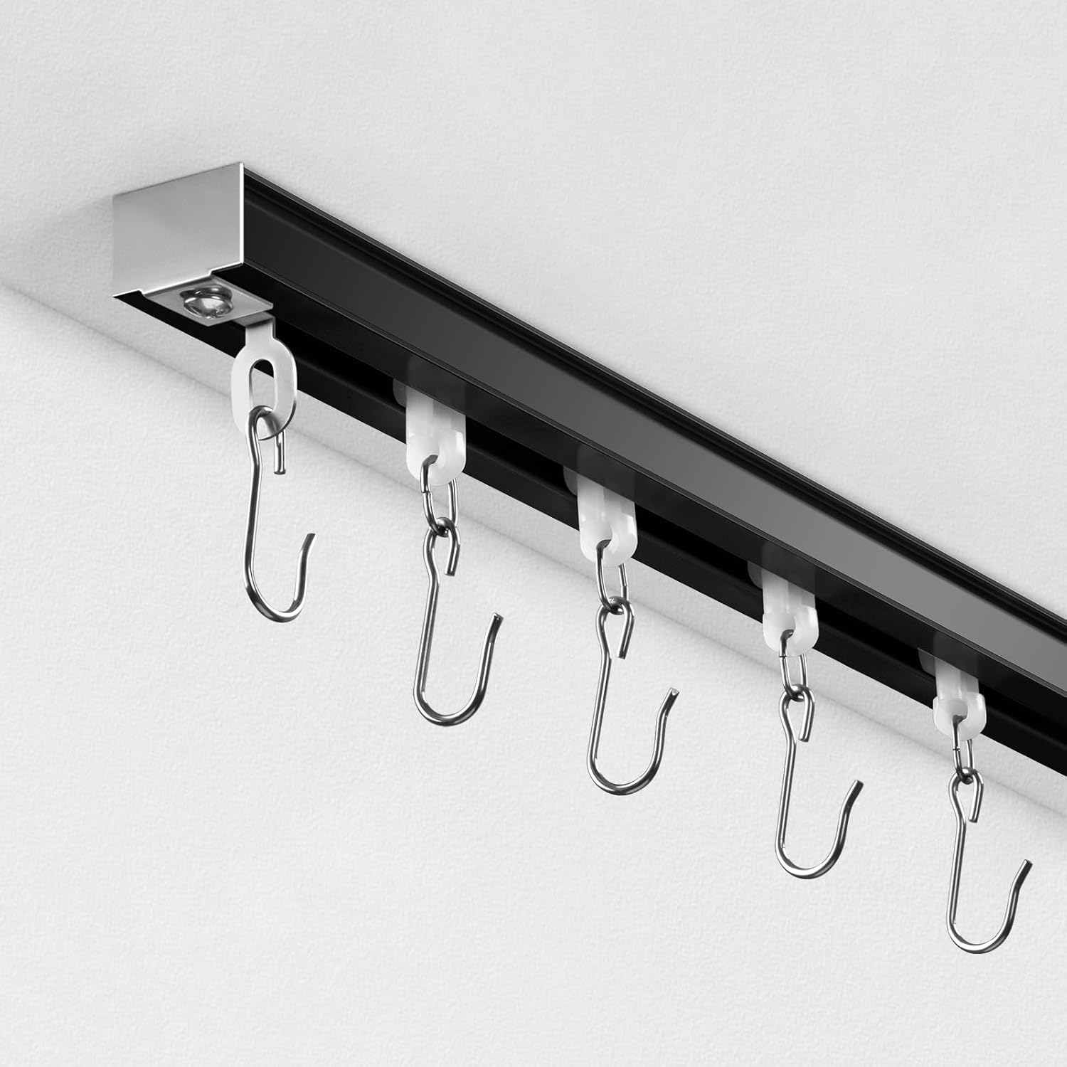 Ceiling Curtain Track, Curtain Track with Roller Hooks, 6ft - 9ft Ceiling Mounted Rail Set for Room Divider, Black