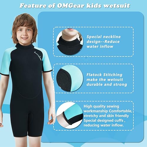 Miniatura 2 de OMGear Traje de neopreno corto de neopreno de una pieza para niños, de 0.18 pulgadas, 0.118 pulgadas, manga corta, con cremallera trasera, traje de