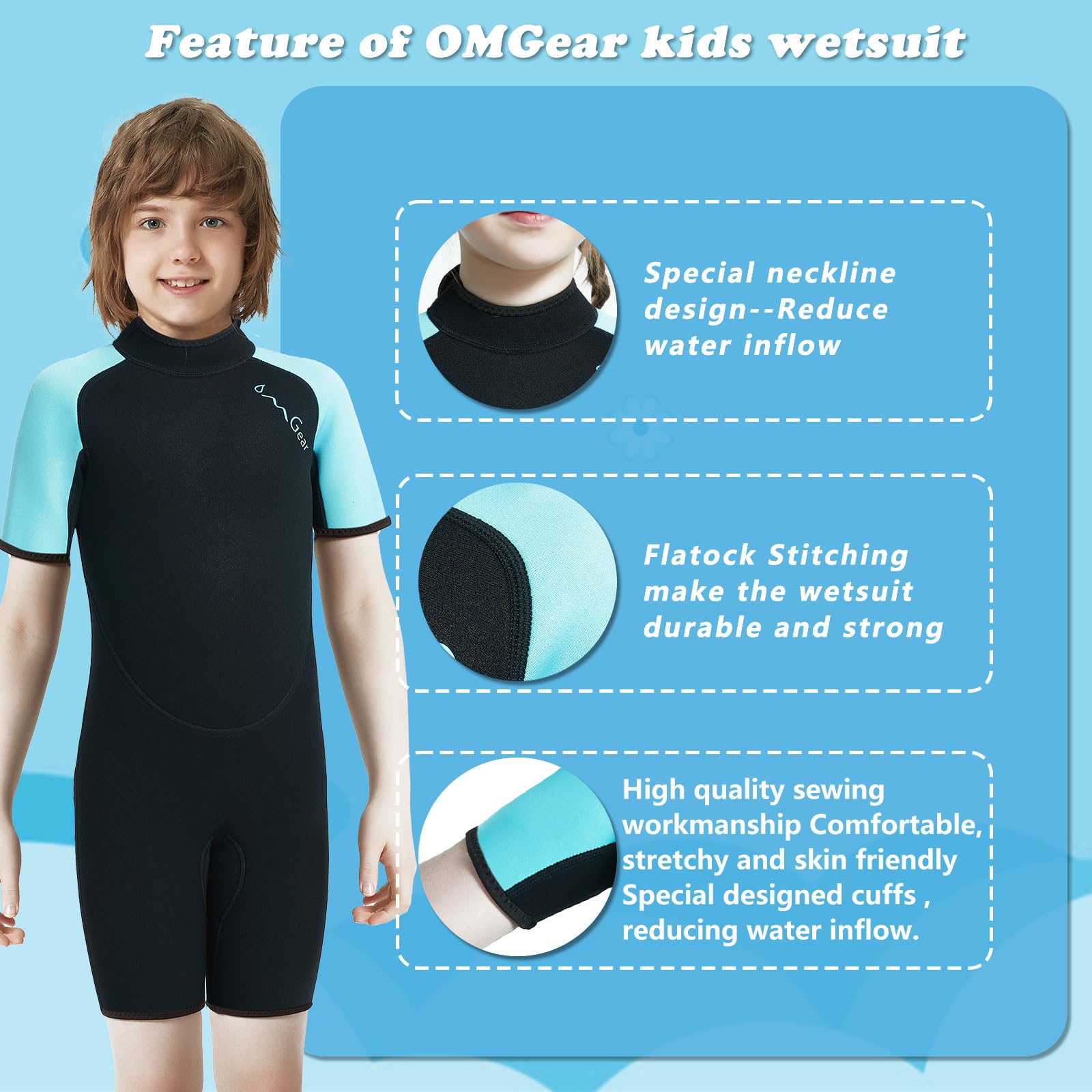 OMGear Wetsuit Kids 3mm Shorty Neoprene Short Sleeves Diving Suits Back Thermal Swimsuit for Youth Boys Girls Scuba Diving Surfing Snorkeling Swimming Water Sports(Aqua,14)