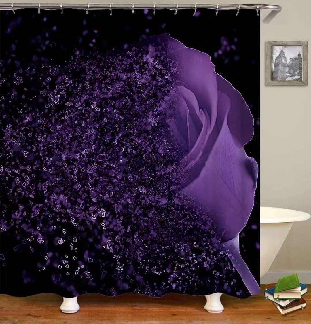 Yddsky 4 Pcs Purple Rose Shower Curtain Sets with Rugs Black Bathroom Sets with Shower Curtain and Rugs Modern Bathroom Curtains Shower Set with Toilet Lid Cover for Women Bathroom Decor Accessories