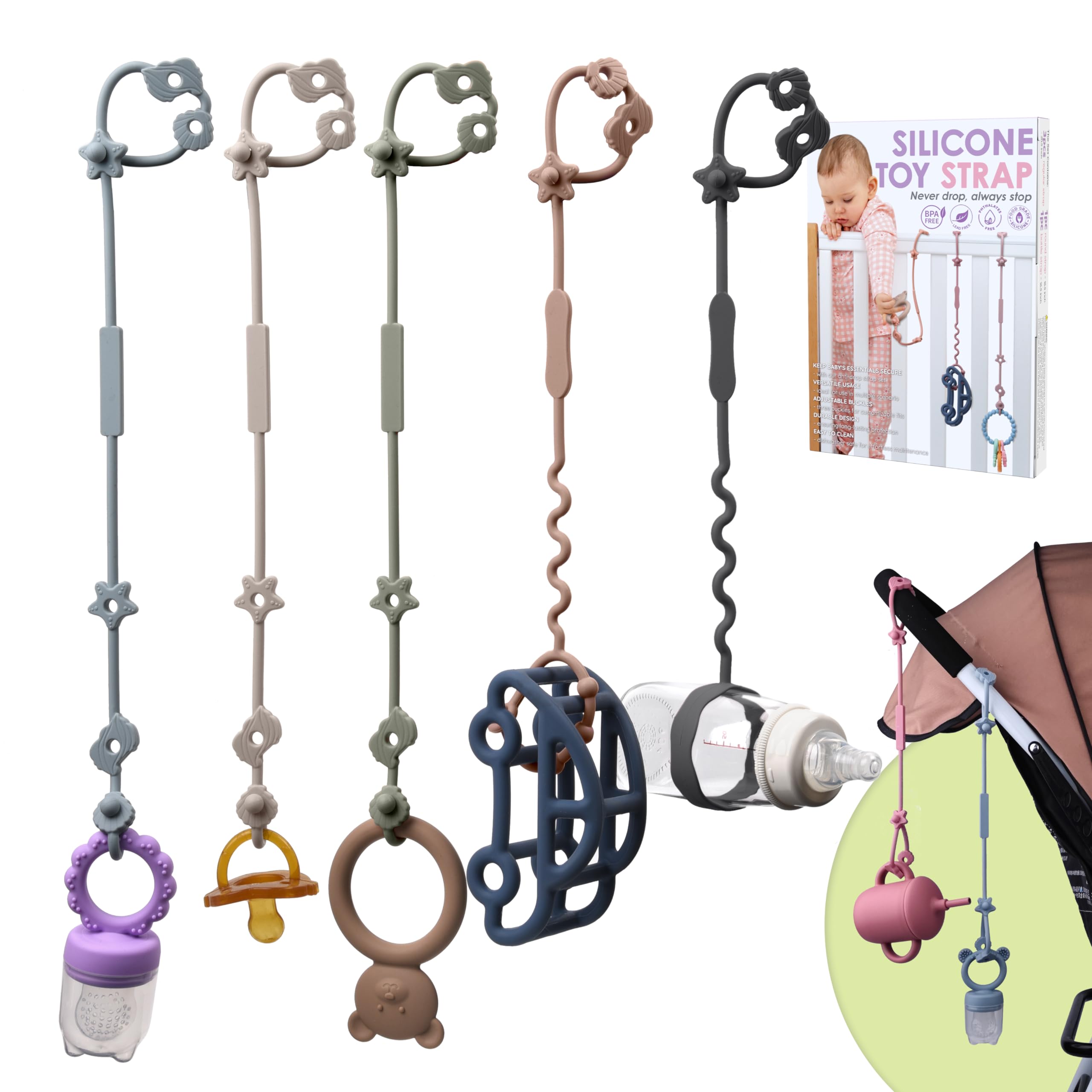 Toy Straps for Baby, 5pcs Adjustable Toy Holder for Stroller Accessories, Silicone Baby Tether Pacifier Clip, No Throw Baby Travel Essential Leash for High Chair, Car Seat (Sage)