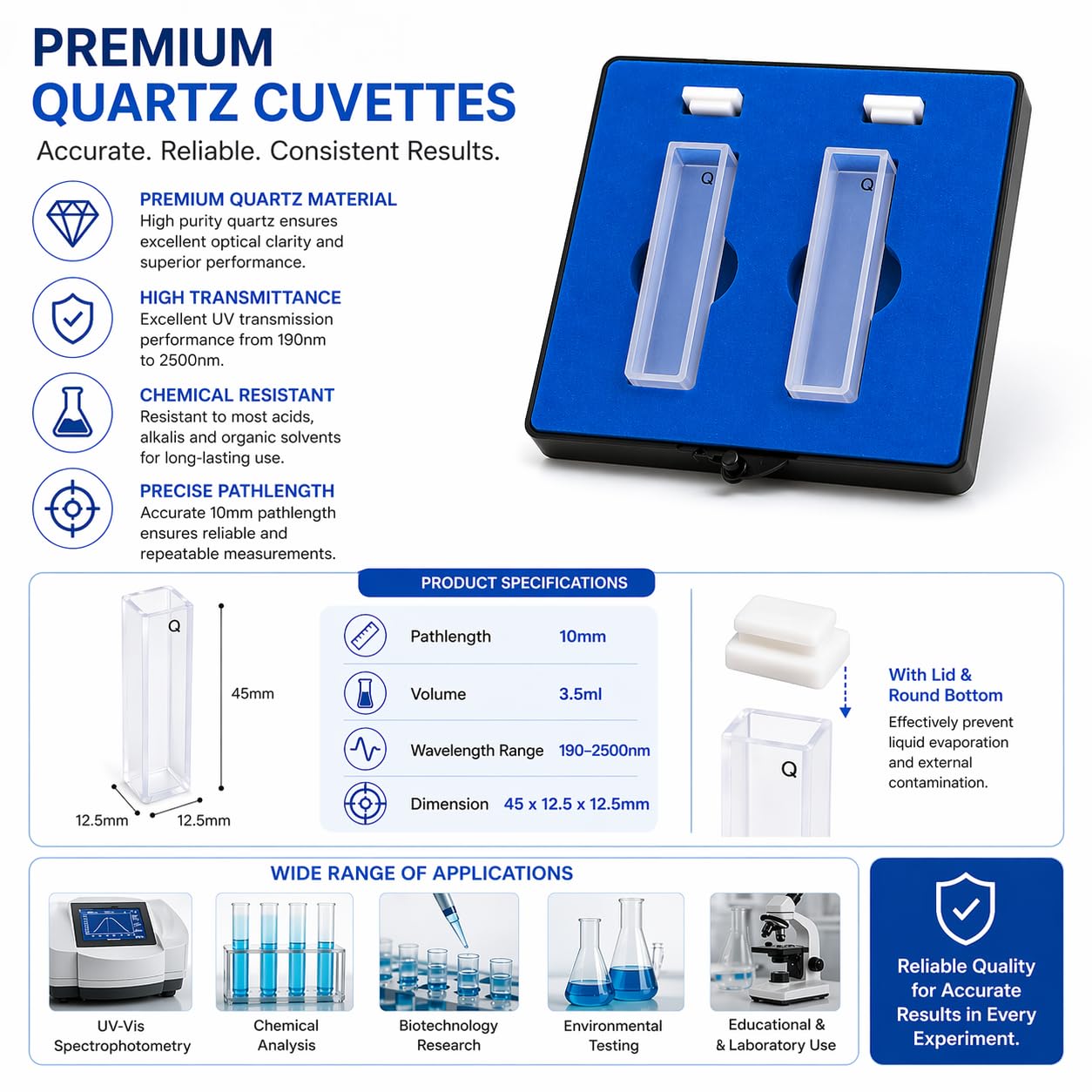 UV Quartz Cuvettes for Spectrophotometer Standard Quartz Cells (Set of 2 Pcs) (Optical Windows: 2; Spectral Range: 190-2500 nm; Pathlength: 10 mm; Volume: 3.5 ml; A Non-Sealing PTFE Cover)