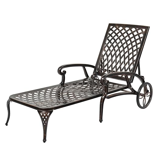 VINGLI Cast Aluminum Outdoor Chaise Lounge Chair with Wheels, Patio Chaise Lounge with 3-Position Adjustable Backrest, Chaise Lounge Outdoor Tanning Chair Patio Lounge Chair (Bronze, Without Cushion)
