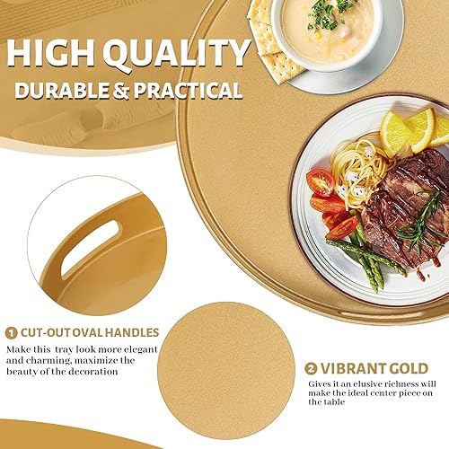 Miniatura 3 de MAONAME Bandeja decorativa redonda dorada de 13 pulgadas para mesa de café, moderna bandeja para servir con asas, bandeja otomana de plástico,