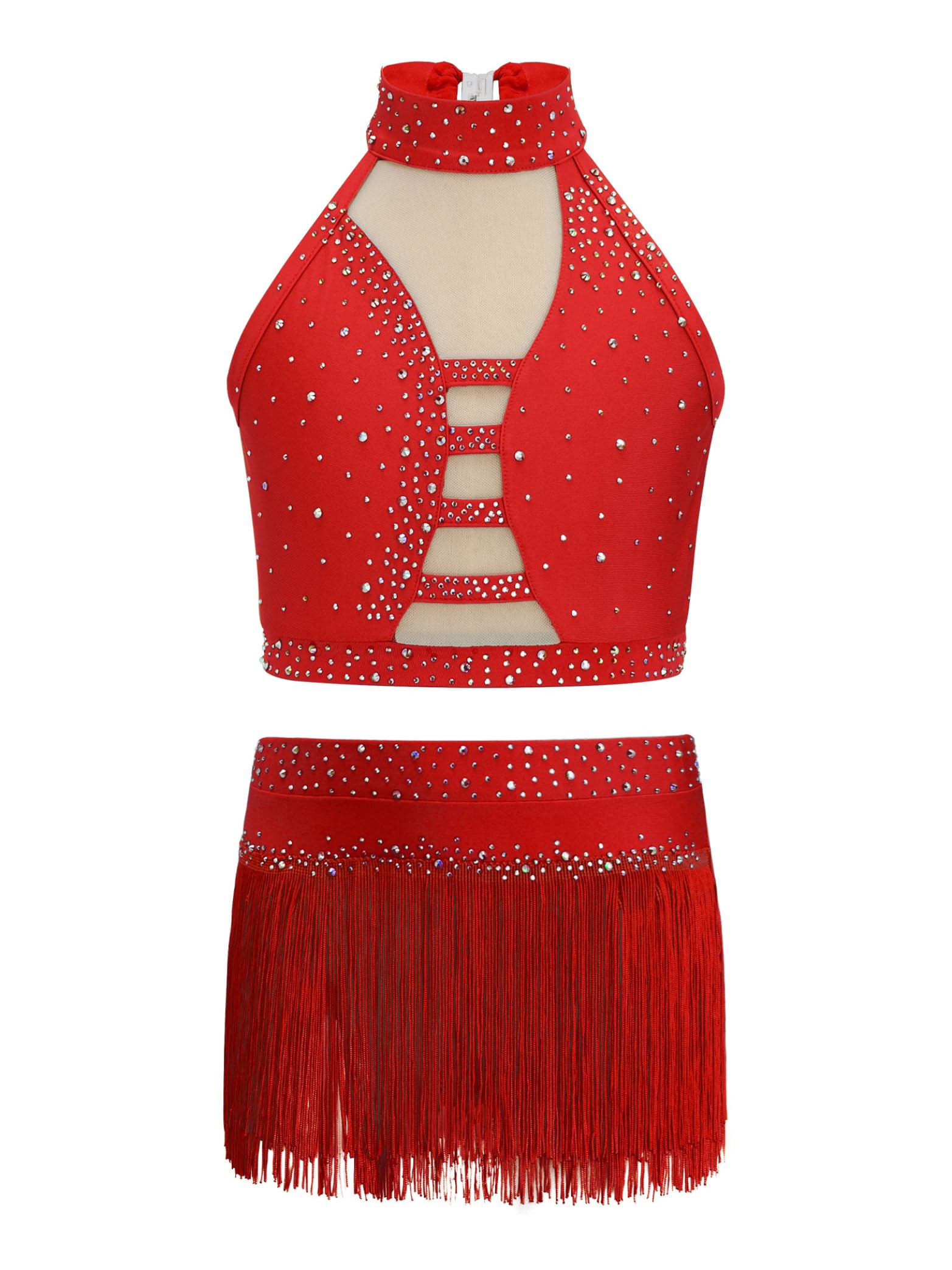 Abito da danza latina ragazza senza maniche abito da ballo strass glitter top corto senza pancia con frange nappe gonna avvolgente per spettacolo sul palco
