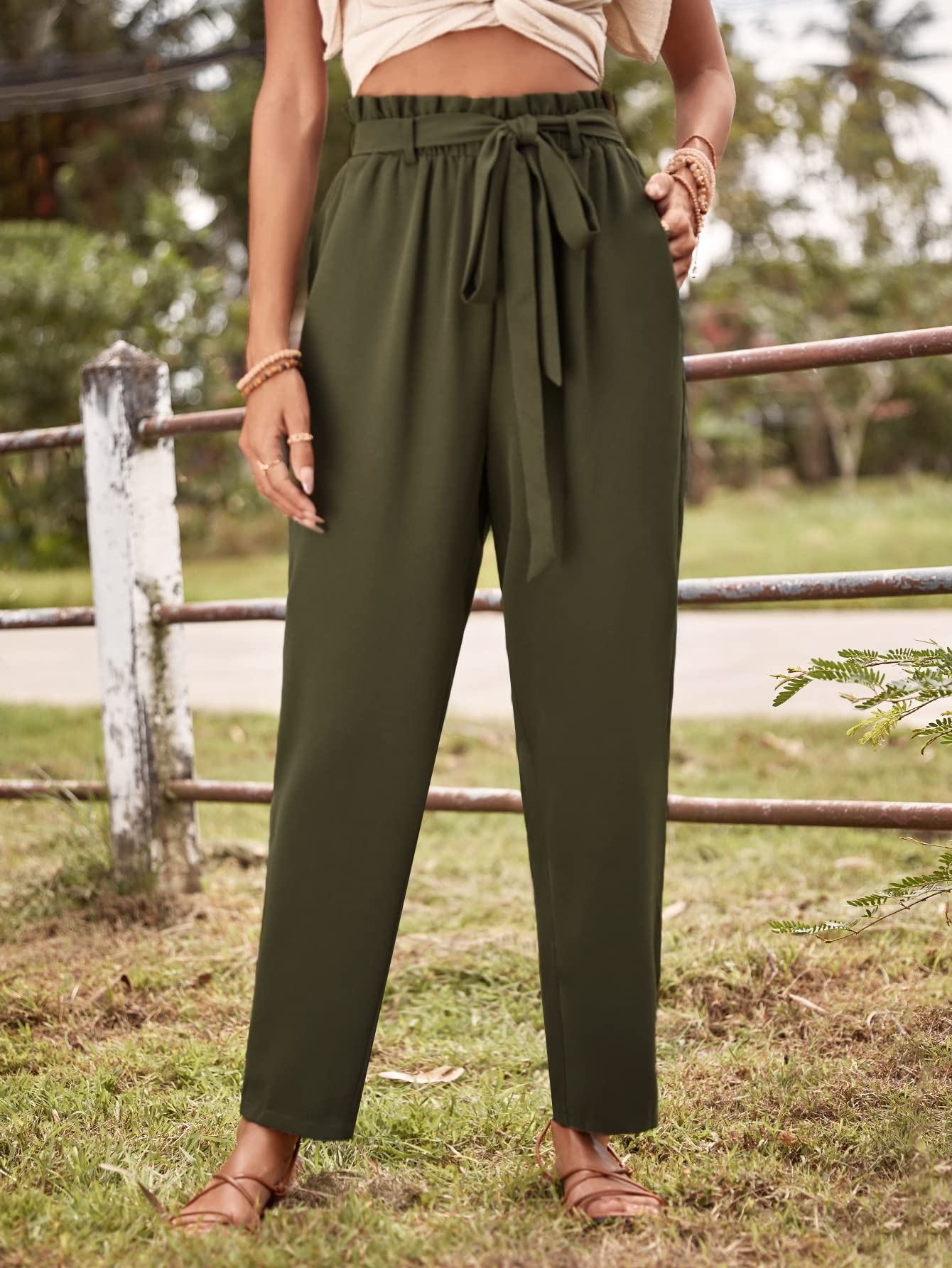 CRYBA Womens Pants Paperbag Waist Knot Front Pants Pant for Women