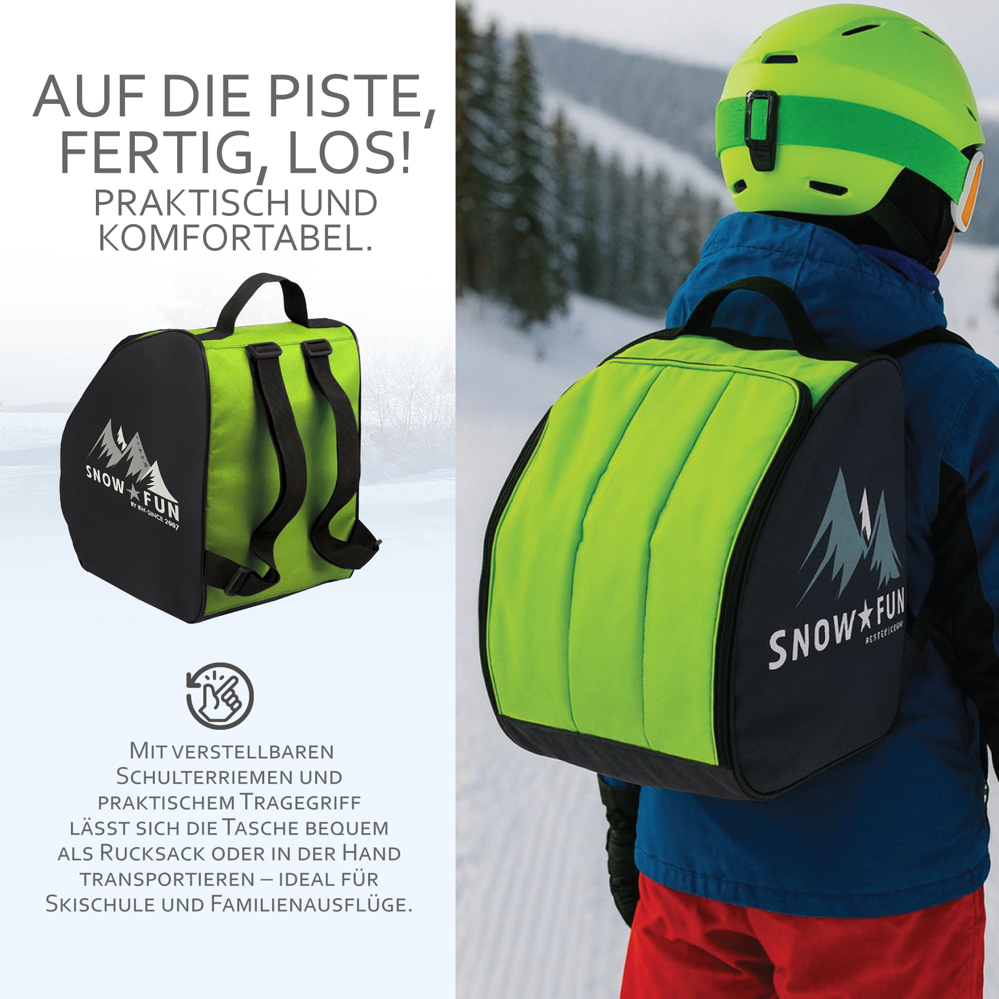 BambiniWelt by Rafael K. Kinder Skistiefeltasche [Ski-Schuh-Tasche für Kinder] Skiboots Rucksack integrierte Standfläche Platz für Boots Helm Skibrille Handschuhe Kinder-Skischuhrucksack