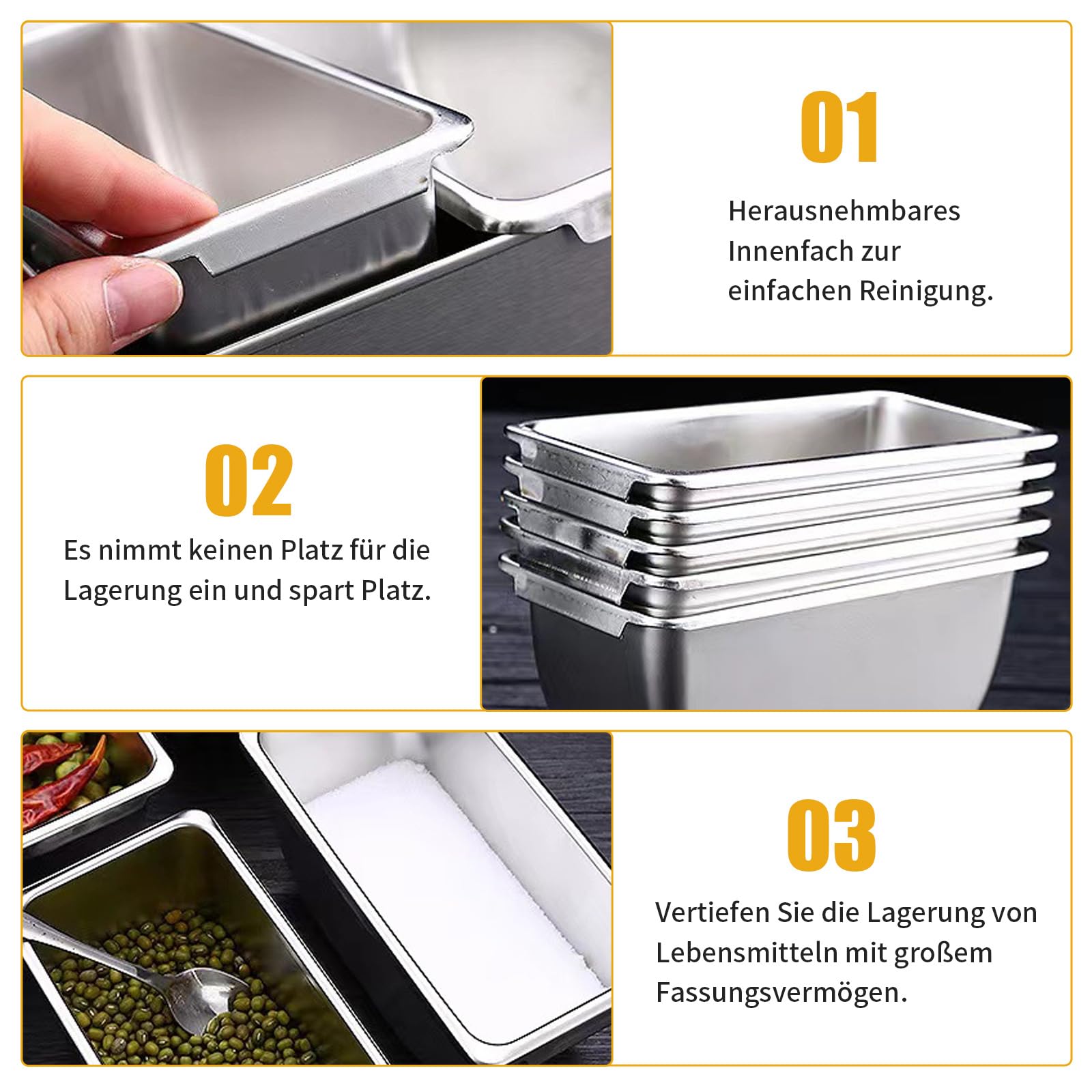 Récipient à ingrédients en acier inoxydable avec couvercle et cuillère, boîte à épices, récipient d'accompagnement, récipient à barbecue, récipient à ingrédients pour pizza, accessoires de