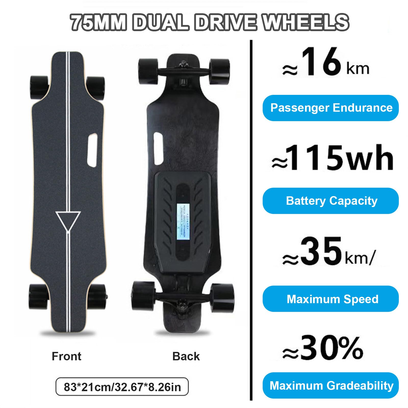 Electric Skateboard con Telecomando Avanzato, Skate Elettrico Massima velocità 35 km/h, Autonomia 16/22/30 km, per Adulti＆ Principianti, Pendolari del Campus A-16km