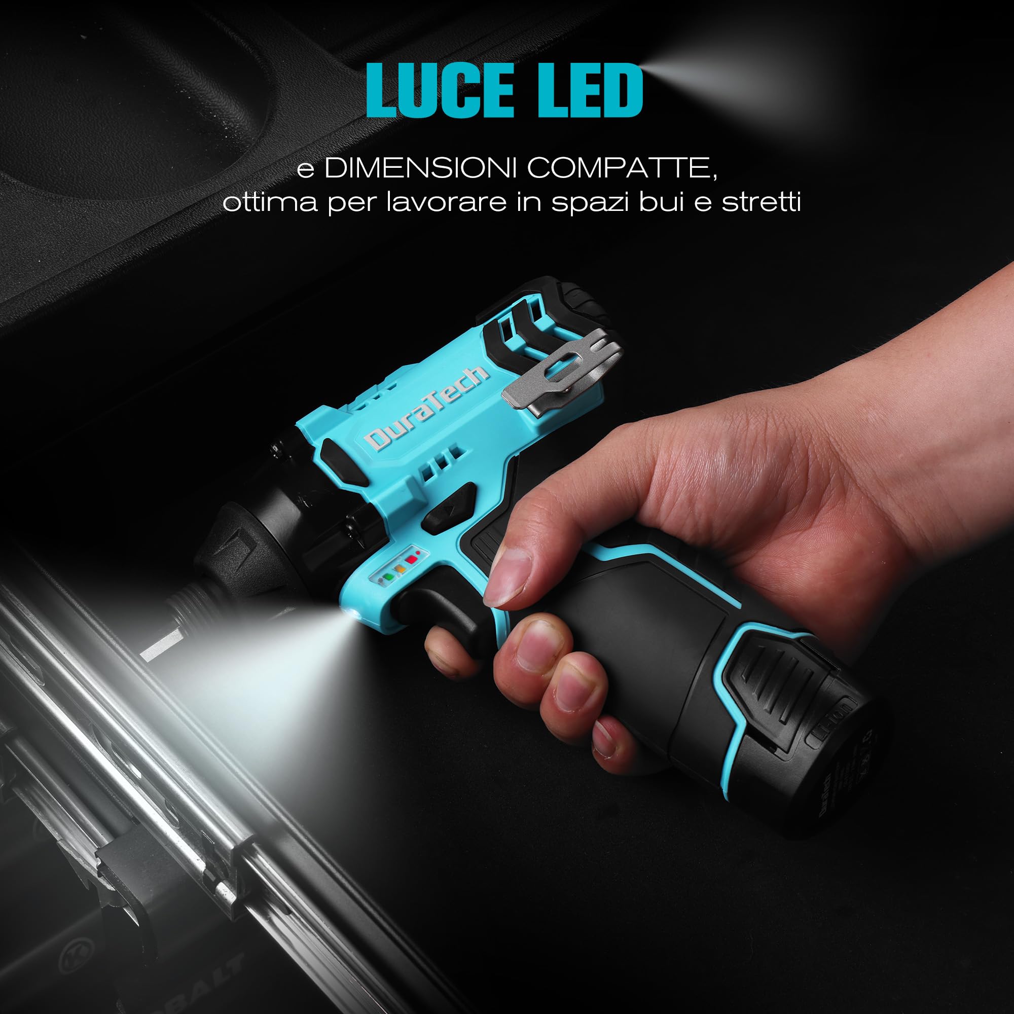DURATECH Avvitatore a impulsi 12 V, 100 Nm, 0–2400 giri/min, 1/4″, 11 bit, 3 bussole, LED, velocità variabile, batteria 2000 mAh, caricabatterie e borsa inclusi