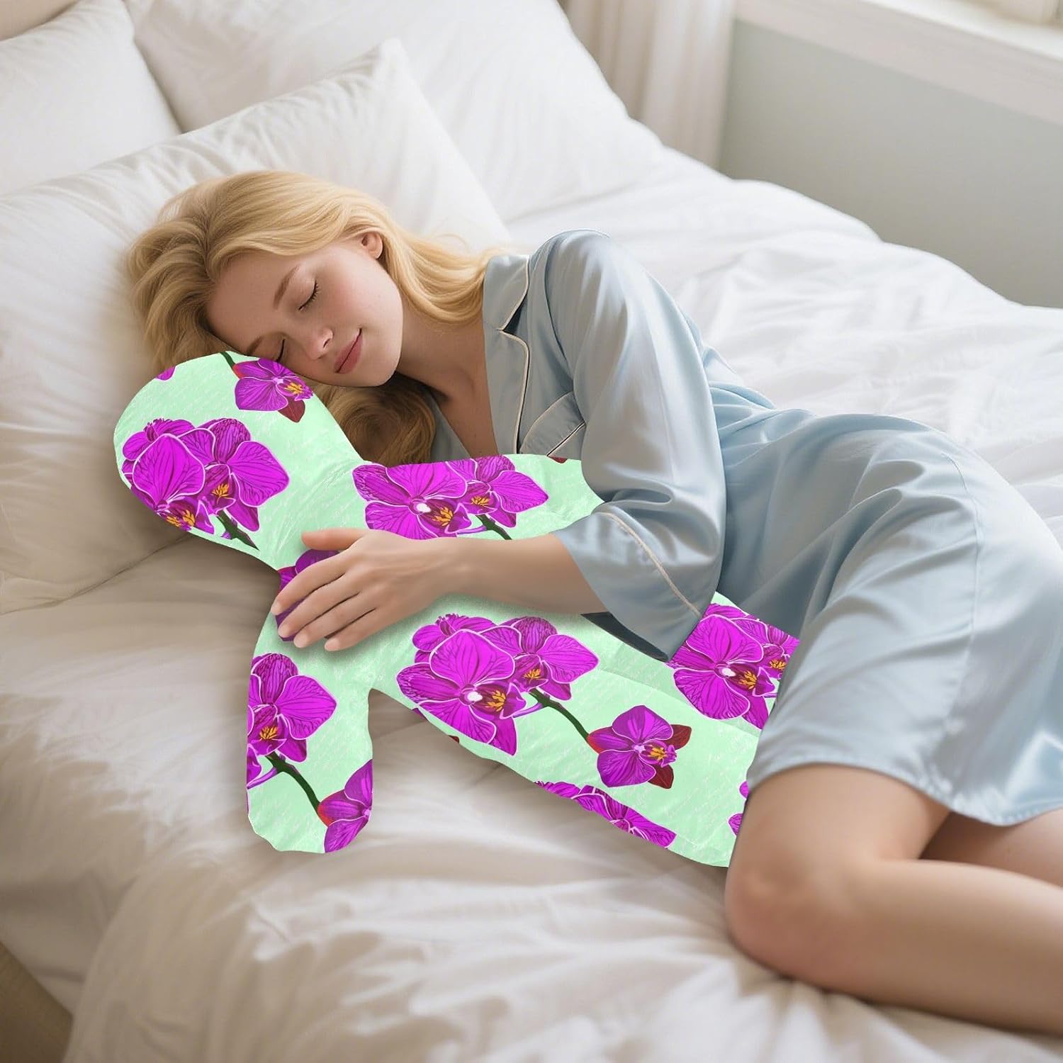 ODAWA Purple Orchids Light Green Lightweight Body Pillows with Removable Pillowcase, Body Pillow with PP Cotton Filling Pillow 23 x 32 Inch