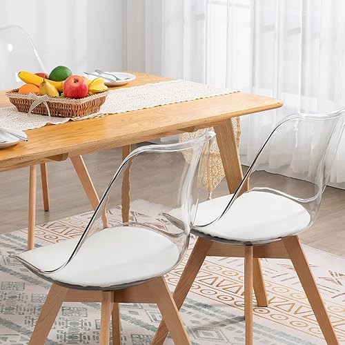 Miniatura 6 de ANOUR Juego de 4 sillas de comedor, modernas sillas de comedor de acrílico transparente con asiento de cuero sintético y patas de haya macizas,