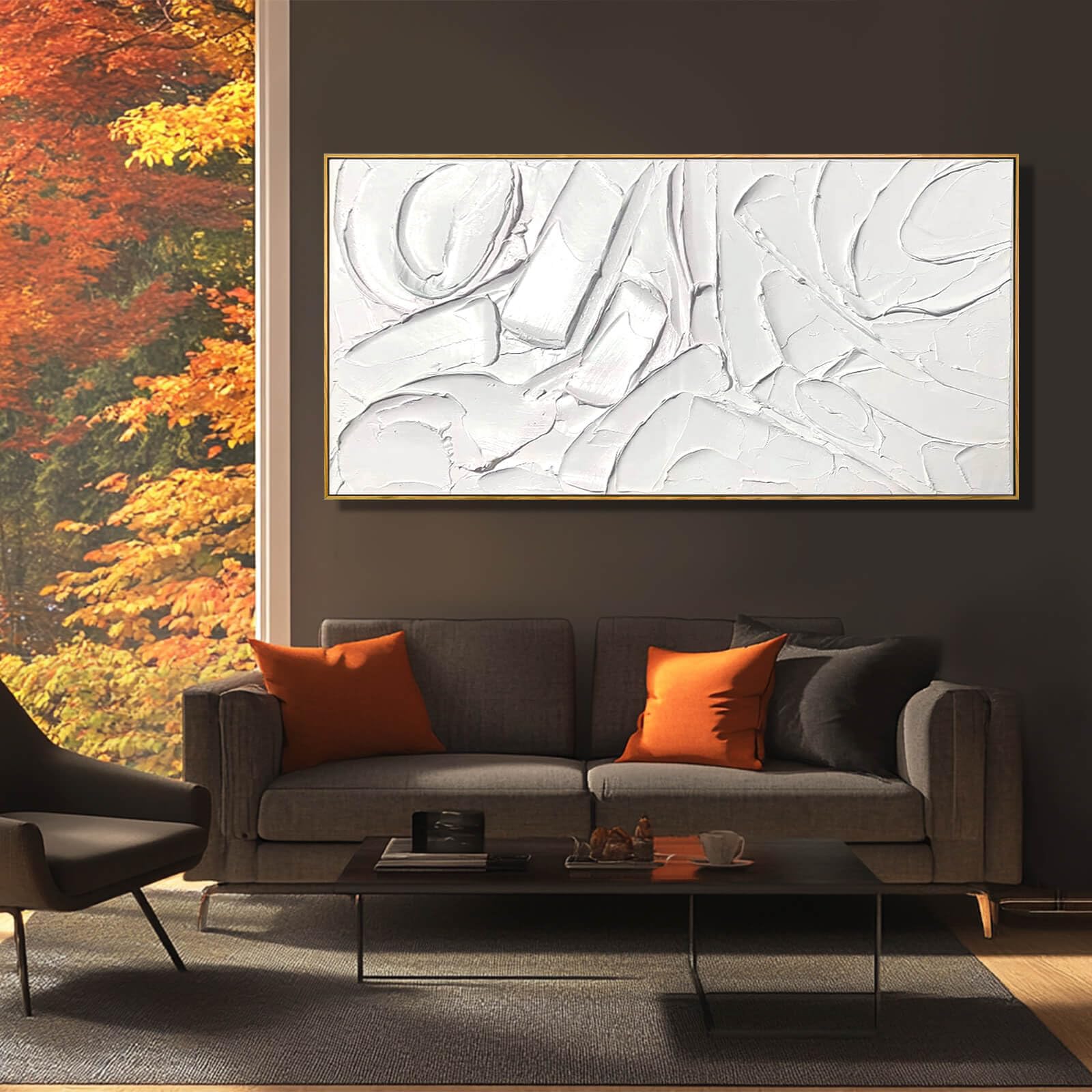 Pintura al óleo abstracta enmarcada, arte de lienzo maximalista, decoración de 24 x 48 pulgadas, pintura moderna, arte de pared, decoración de cocina, decoración de oficina blanca 2